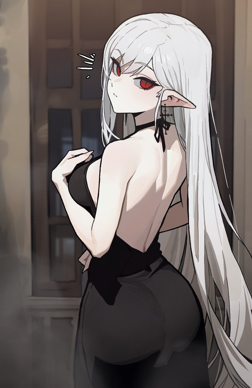 ^^^, 1girls, back, backless dress, backless outfit, bangs over eyes, black dress, breasts, dress, earrings, eyeliner, female, hand on breast, indoors, insact, long hair, looking at viewer, looking back, mascara, original, original character, pointy ears, red eyes, solo, tagme, vampire, vampire (gogalking), vertical pupils, white hair