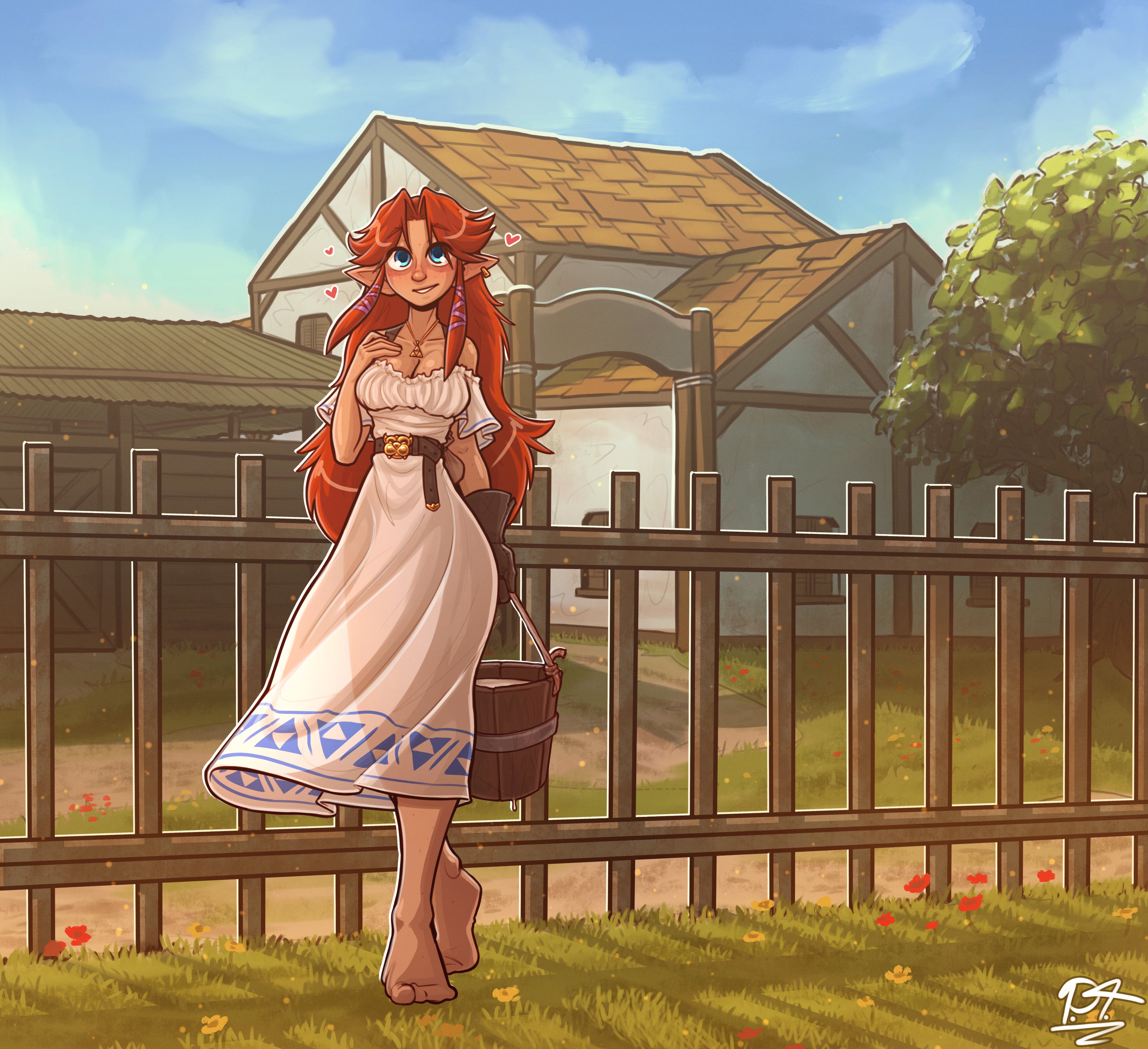 antenna hair, artist signature, barefeet, barefoot, barefoot on grass, belt, belt buckle, blue eyes, blush, bowser brooch, bowser logo, brooch, bucket, bucket of milk, earring, earrings, fantasy, farm, farmer, farmgirl, feet, female, fence, freckles, freckles on face, freckles on shoulders, gloved, gloved hands, grass, grass field, grassy field, hair, hair ornament, heart, hearts around head, hi res, high quality, high resolution, highres, hips, jonathanpt, long hair, malon, milk, necklace, nintendo, nintendo 64, ocarina of time, outline, pointy ears, red hair, redhead female, see-through dress, shadow, sharp ears, smile, smiling, sundress, the legend of zelda, triforce, triforce symbol, white dress, widow's peak, zoom out