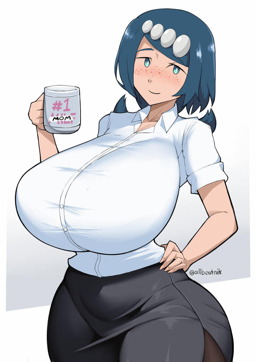 1girls, allbeatnik, big breasts, black skirt, blue eyes, blue hair, bottomwear, breasts, coffee, coffee mug, female, female only, freckles, freckles on face, game freak, hair, hand on hip, holding drink, holding object, huge breasts, lana's mother (pokemon), mature, mature female, mature woman, milf, mother, office clothing, office lady, pencil skirt, pokemon, pokemon sm, shirt, skirt, smile, solo, solo female, topwear, white shirt