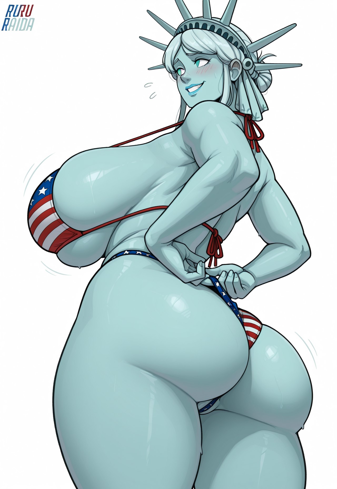 1girls, 2025, ai generated, alternate version available, american flag bikini, aqua eyes, aqua lips, aqua lipstick, big ass, big breasts, bikini, bikini bottom, bikini bottom lift, bikini top, blue body, blue skin, blush, breasts, civitai, female, huge breasts, lipstick, looking away, mature, mature female, milf, romeomoon, side view, sideboob, sidelocks, solo, standing, statue of liberty, thick thighs, thighs, white background, white female