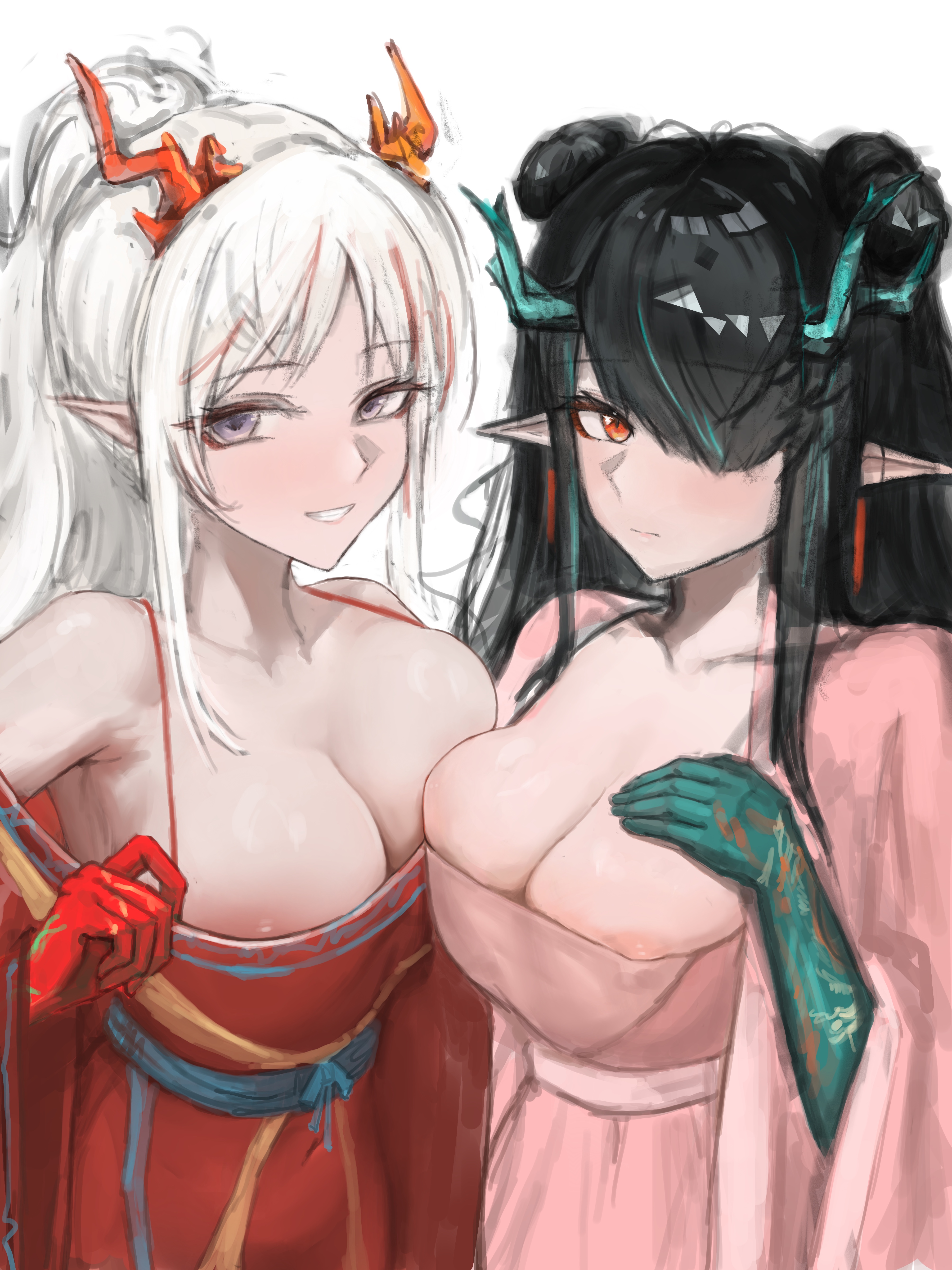 2girls, areola slip, arknights, chinese clothes, cleavage, colored extremities, dusk (arknights), female, nian (arknights), no bra, siblings, sisters