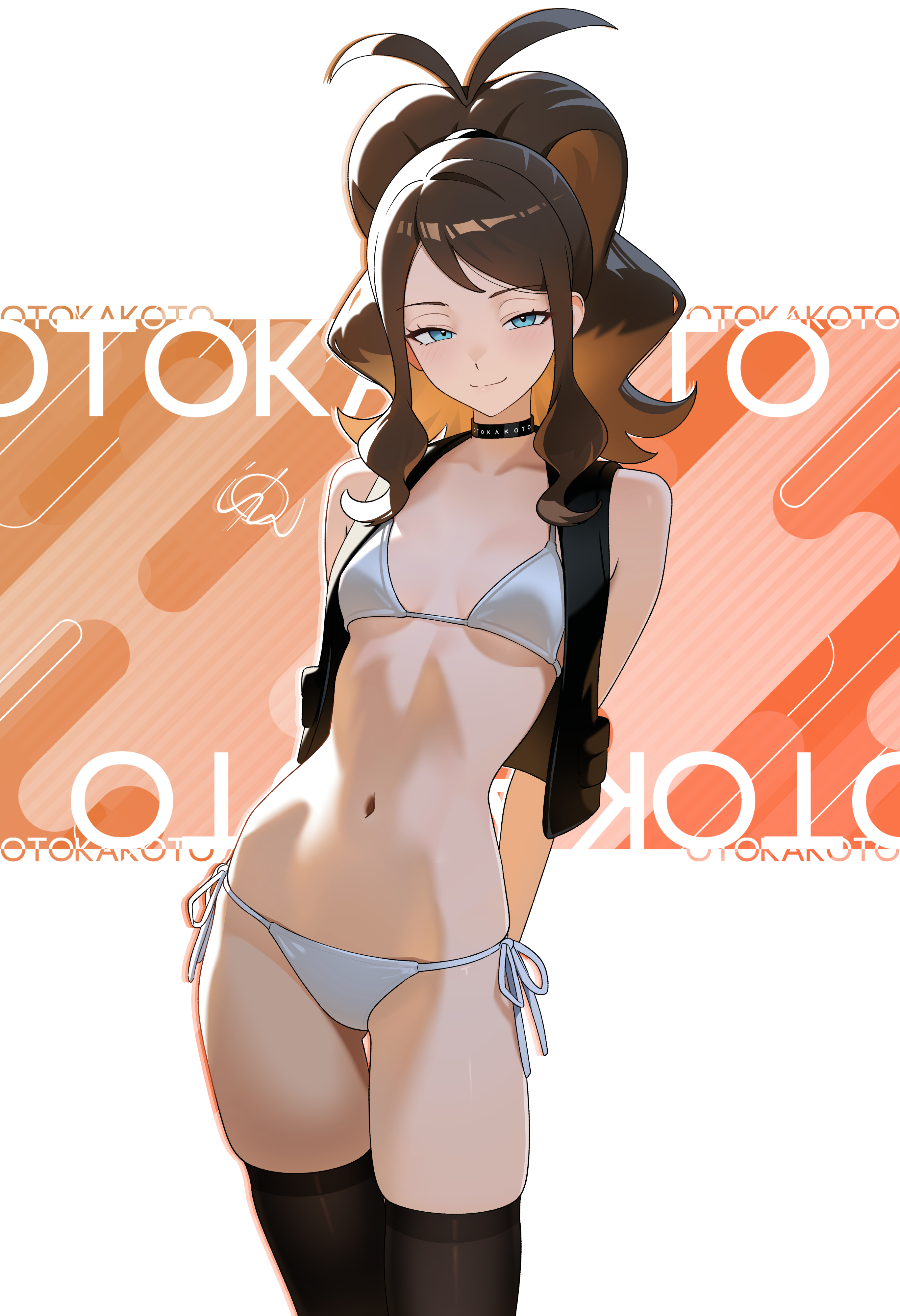 1girls, absurdres, arms behind back, artist name, bikini, black choker, black thighhighs, blue eyes, brown hair, choker, closed mouth, commentary, english commentary, female, female only, female torso, game freak, highres, hilda (pokemon), looking at viewer, medium hair, navel, nintendo, orange background, otokakoto, pokemon, pokemon bw, ponytail, side-tie bikini bottom, sidelocks, smile, solo, standing, swimsuit, thighhighs, two-tone background, white background, white bikini