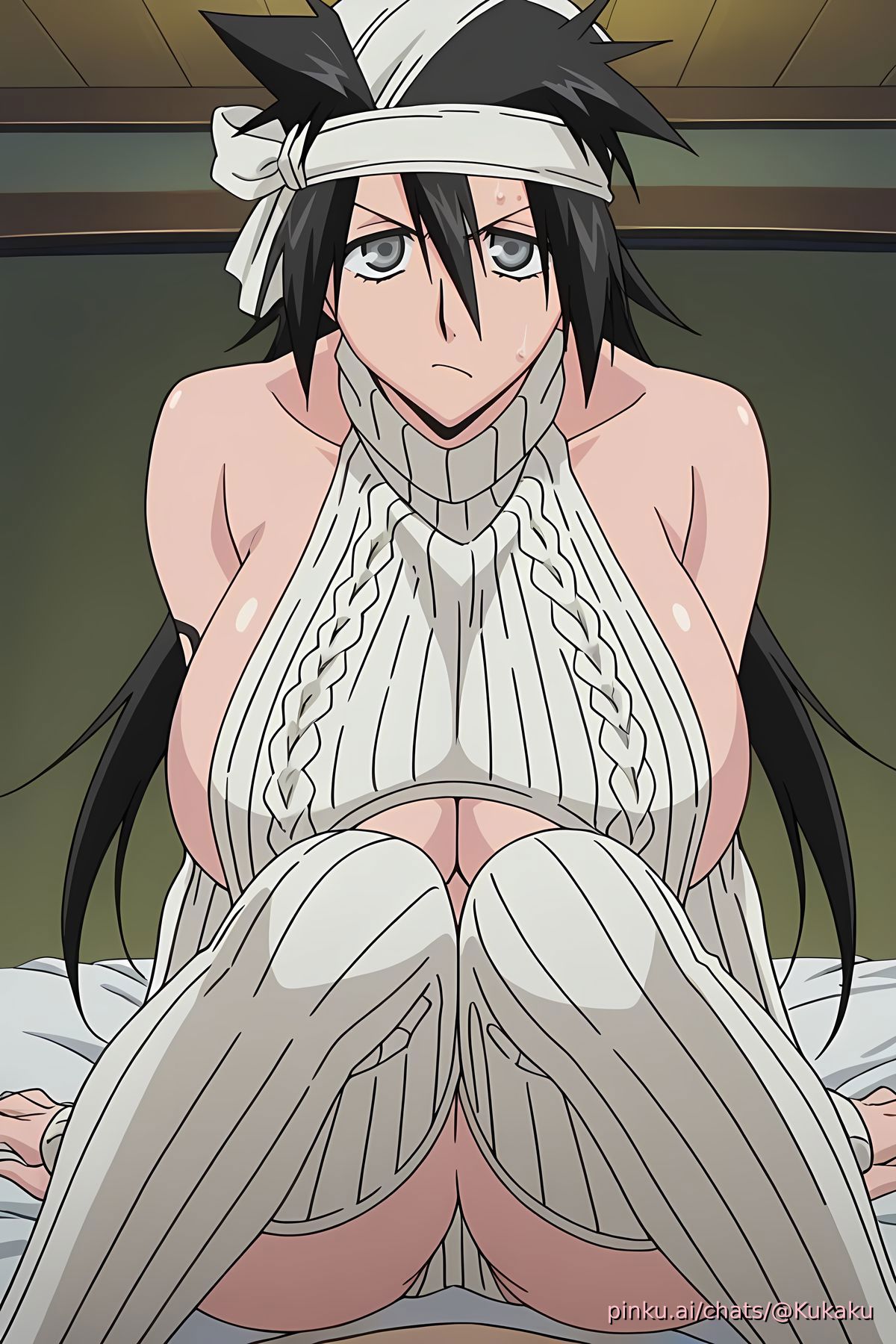ai generated, bed, bedroom, big breasts, bleach, bleach: the thousand-year blood war, breasts, female, kukaku shiba, sexy, shiba kuukaku, thick thighs, virgin killer sweater