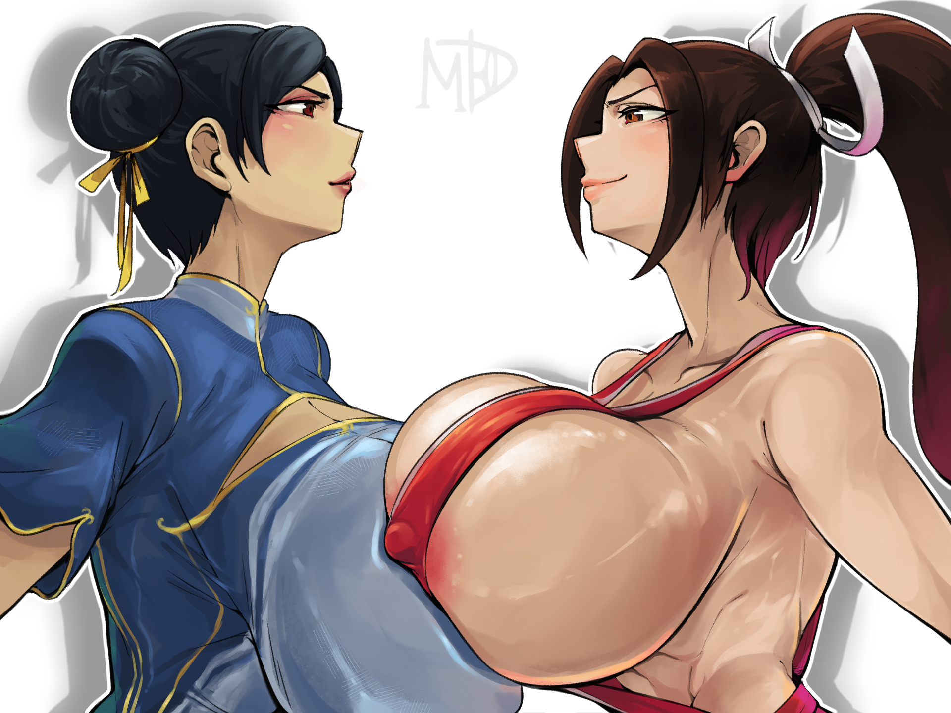akiman pose, big breasts, black hair, breast press, breasts, brown hair, capcom, chun-li, crossover, fatal fury, huge breasts, king of fighters, madd horner, mai shiranui, ponytail, snk, street fighter, street fighter 6, upper body