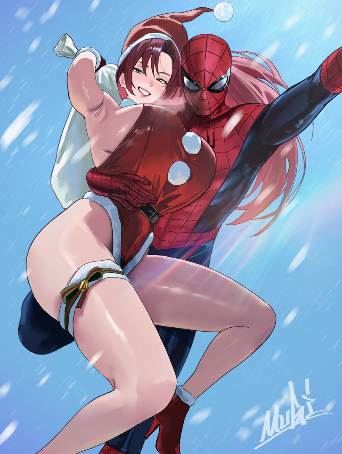 1boy, 1girls, boots, breasts, christmas, female, large breasts, light skin, light-skinned female, looking at viewer, male, marvel, mary jane watson, mugi (mugit49), mugit49, peter parker, red hair, spider-man, spider-man (series), thick thighs, thighs, wide hips