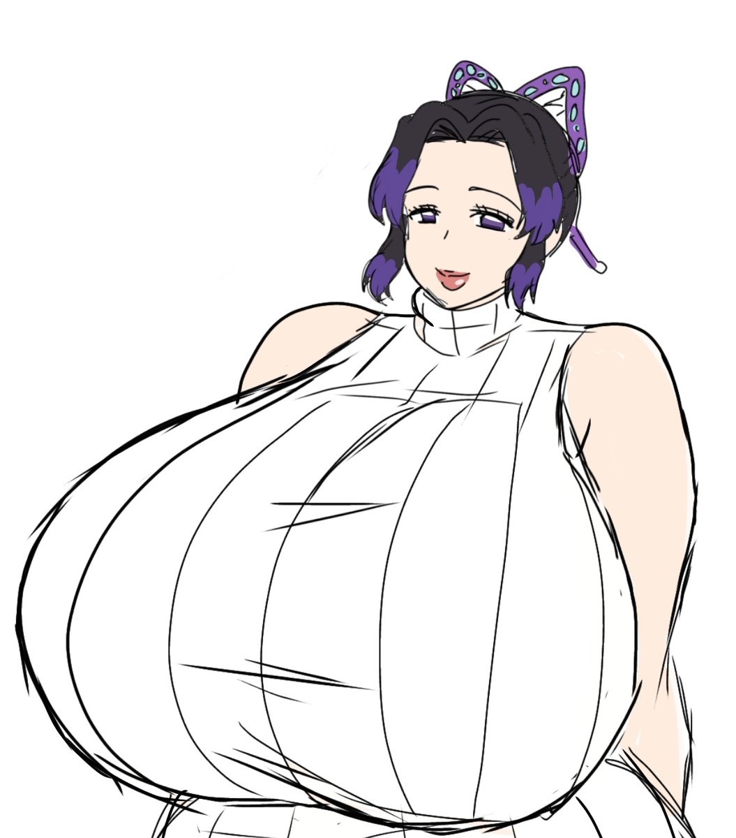 1girls, 2d, 2d (artwork), alternate body type, alternate breast size, bare shoulders, big breasts, breasts, breasts bigger than head, busty, busty female, curvy, curvy body, curvy female, curvy figure, demon slayer, digital drawing (artwork), digital media (artwork), female, female focus, female only, huge breasts, human, human female, japanese, japanese female, kimetsu no yaiba, kissable lips, kochou shinobu, large breasts, light skin, light-skinned female, lips, looking at viewer, mature, mature woman, momiji (artist), purple hair, purple hair female, short hair, short hair female, simple background, smile, smiling, smiling at viewer, solo, solo female, solo focus, sweater, two-tone hair, upper body, white background