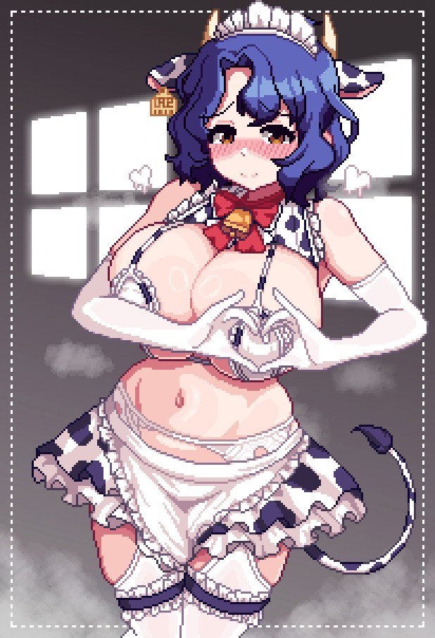 animal ears, animal print, apron, bell, bikini, blue hair, blush, breasts, cleavage, closed mouth, cow ears, cow girl, cow horns, cow print, cow tail, cowbell, ear tag, elbow gloves, female, frills, garter belt, gloves, heart, heart hands, horns, hothot148, huge breasts, idolmaster, idolmaster million live!, maid, maid headdress, pixel art, print bikini, short hair, skirt, solo, swimsuit, tail, thighhighs, toyokawa fuuka, waist apron, white gloves, white thighhighs