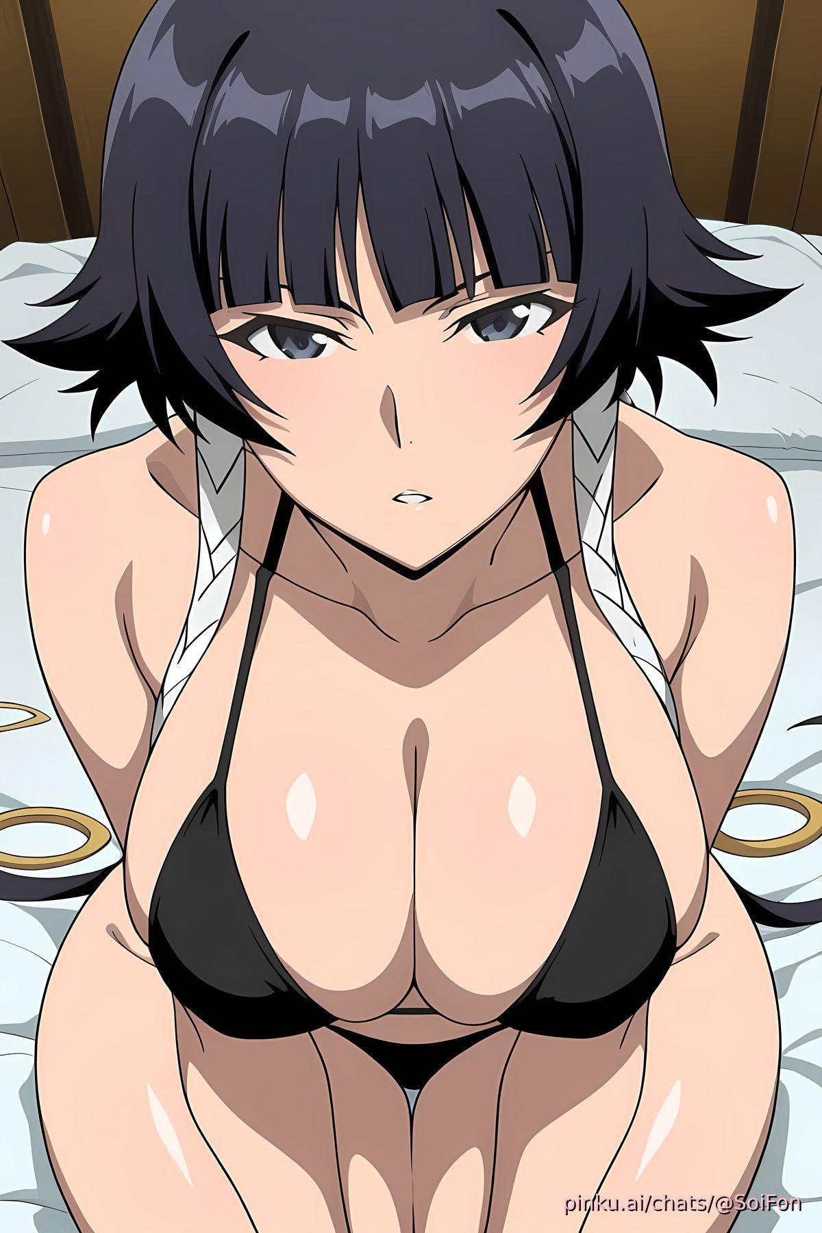 1girls, ai generated, big breasts, bikini, black hair, bleach, bleach: the thousand-year blood war, breasts, female, female only, light-skinned female, looking at viewer, short hair, soifon, solo, sui-feng, thick thighs