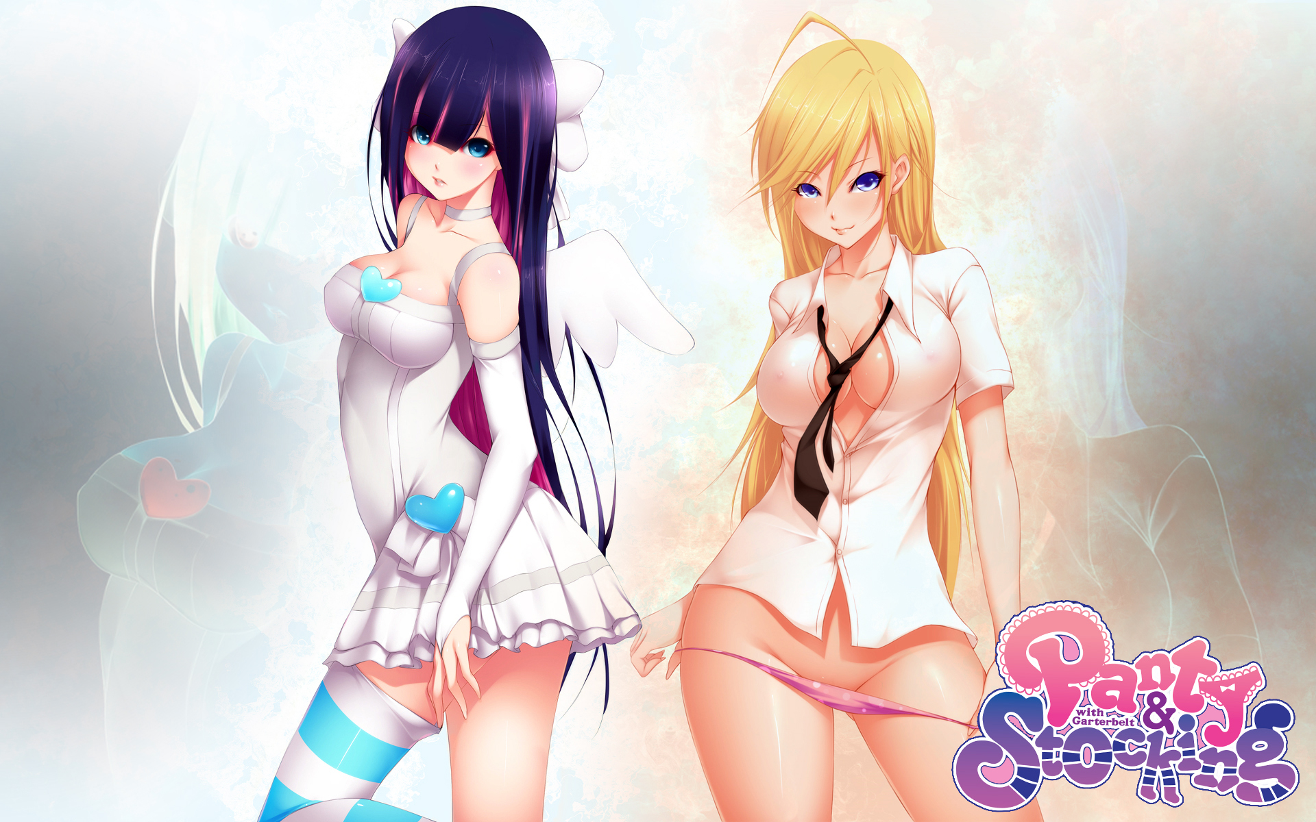 2girls, angel, angel wings, blonde hair, blue eyes, breasts, female, heart, highres, mogu, multicolored hair, necktie, panties, panty & stocking with garterbelt, panty anarchy, panty pull, photoshop, pink panties, purple hair, sisters, smile, stocking anarchy, thighhighs, underwear, wallpaper, wings, zoom layer