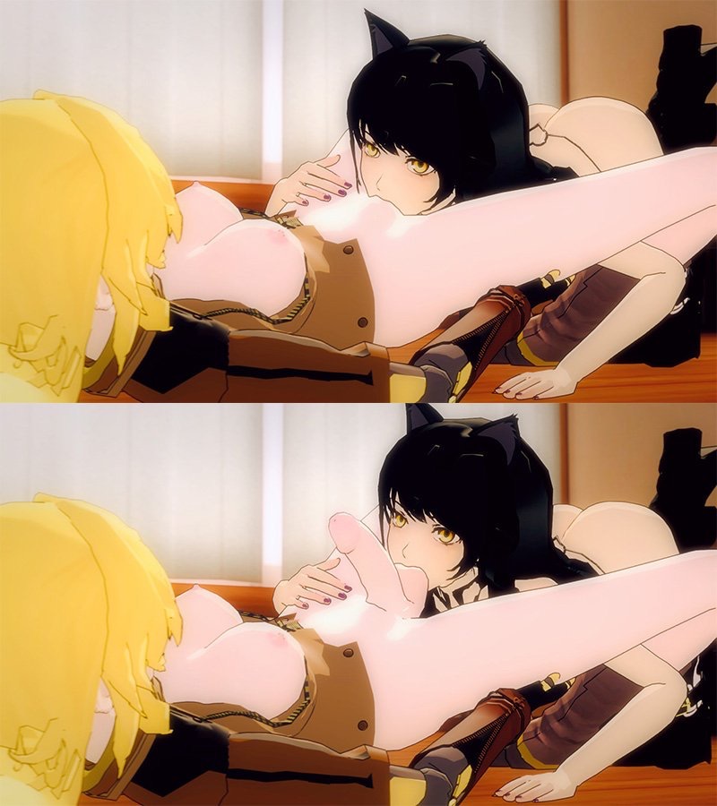 1futa 2girls 3d ball_sucking blake_belladonna canon_couple cunnilingus faunus female futa_on_female futanari human intersex kallenz oral rwby split_screen yang_xiao_long yuri