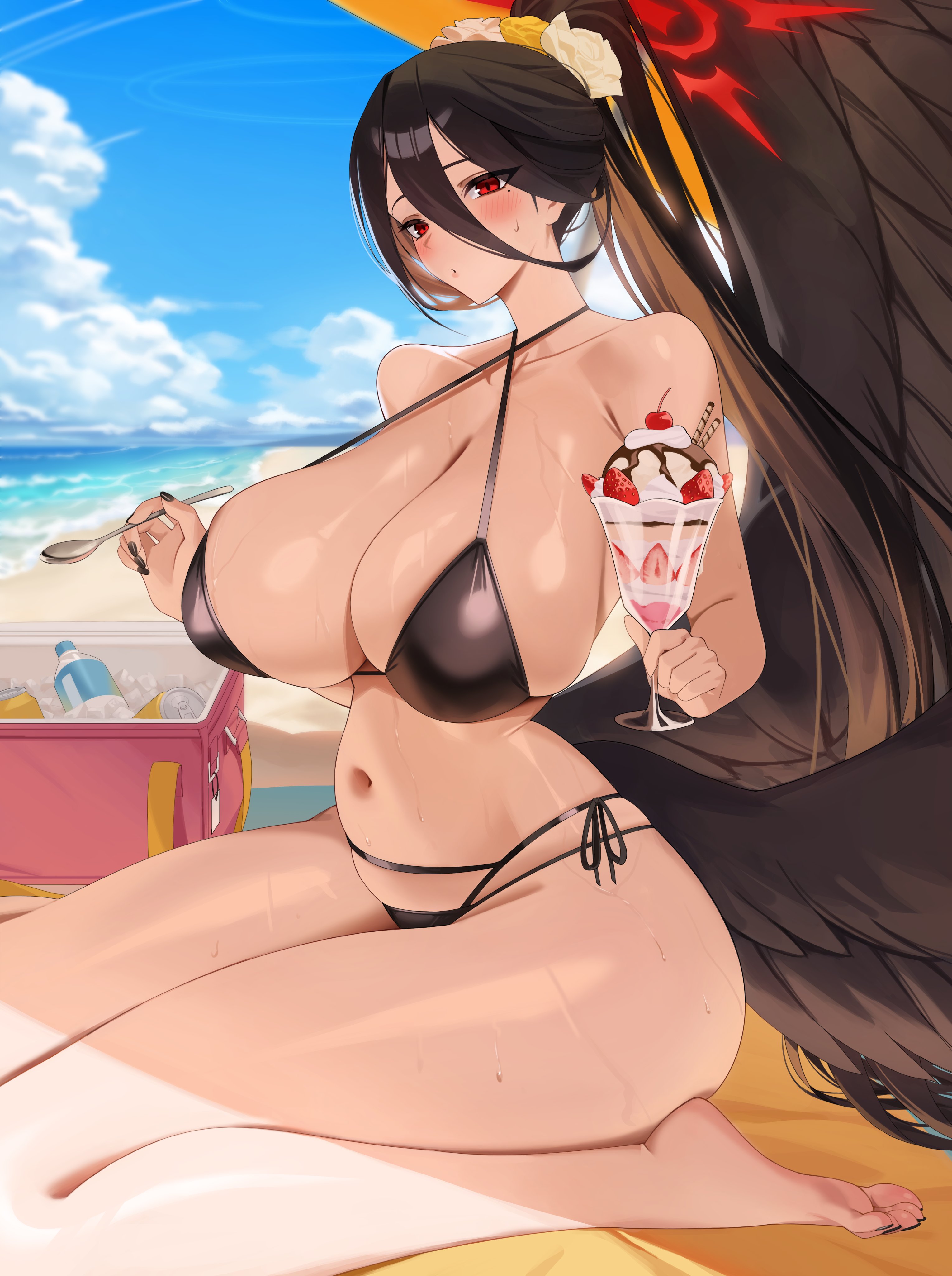 absurdres, alternate costume, bare shoulders, barefoot, beach, bikini, black bikini, black hair, black nails, black wings, blanket, blue archive, blue sky, bottle, breasts, can, cleavage, cloud, commentary request, cooler, ddog, feathered wings, female, flower, food, hair between eyes, hair flower, hair ornament, halo, halterneck, hasumi (blue archive), high ponytail, highres, holding, holding spoon, huge breasts, low wings, mole, mole under eye, multi-strapped bikini bottom, nail polish, navel, outdoors, oversized wings, parfait, ponytail, red eyes, red halo, sand, shore, side-tie bikini bottom, sitting, sky, solo, spoon, strawberry parfait, sweat, swimsuit, wariza, water bottle, wings