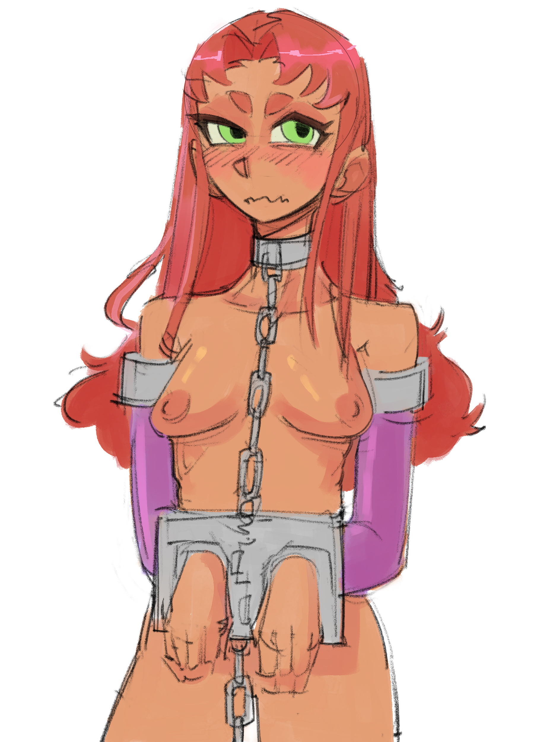 chains, completely nude, dc comics, female, green eyes, leash, orange skin, red hair, skuunk02, slave, slave collar, slave girl, starfire, starfire (teen titans), teen titans