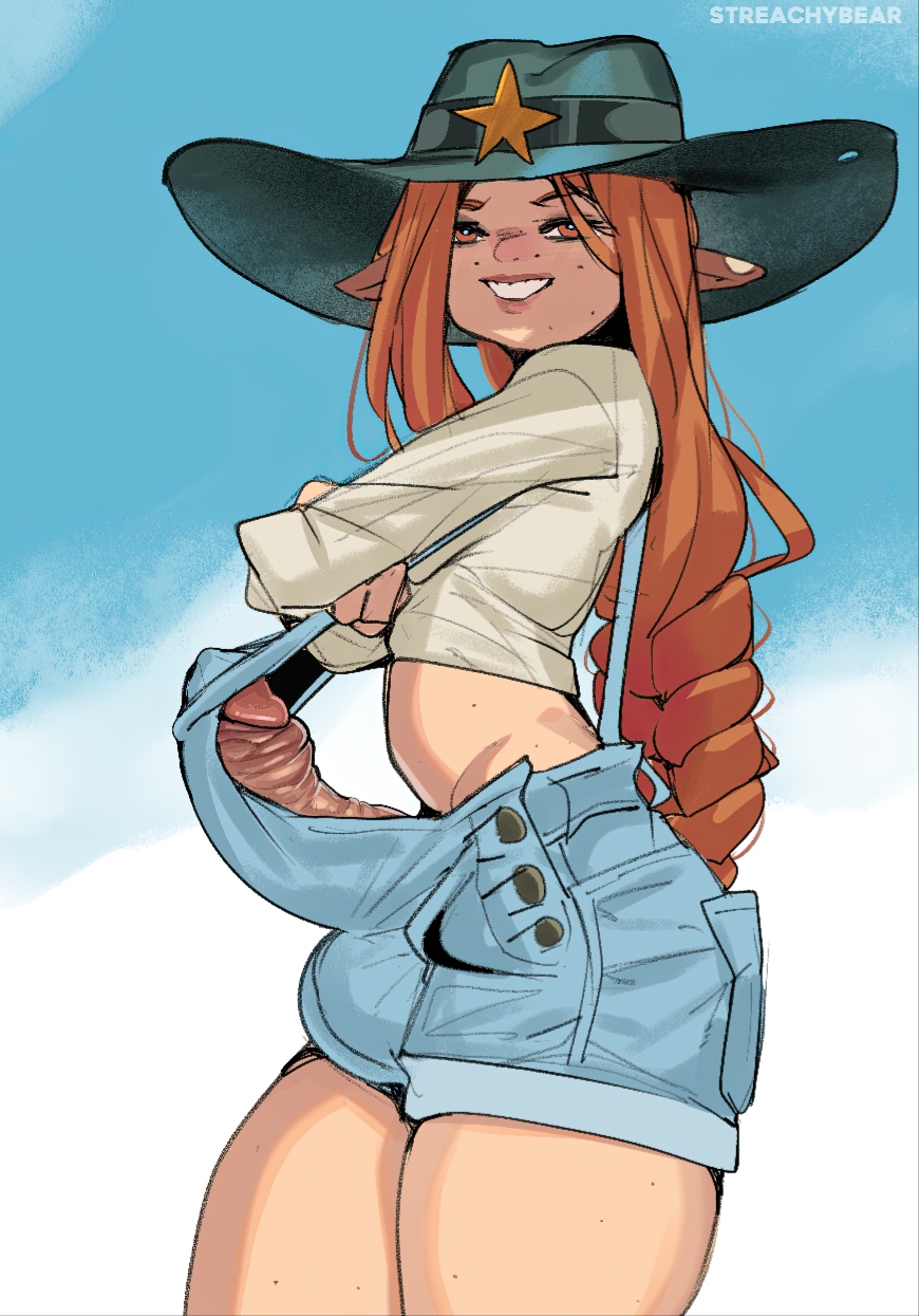 1futa, arms crossed, balls, balls bulge, big penis, braided hair, braided ponytail, braids, cowboy hat, cowlet (streachybear), crop top, edgewood academy (streachybear), erection, erection under clothes, freckles, futa only, futanari, huge balls, huge cock, human, intersex, long hair, long sleeves, looking at viewer, narrow waist, original, overall shorts, overalls, penis, pointy ears, red hair, revealing clothes, shorts, smile, smiling, smiling at viewer, solo, solo futa, streachybear, thick thighs, thigh squish, thighs, visible penis