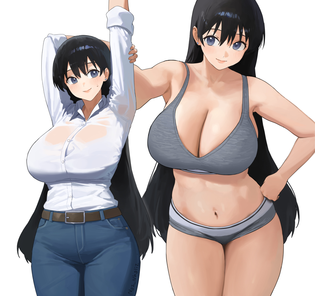 arato nagi, arms up, bare arms, bare shoulders, belt, black hair, blush, bra, breasts, closed mouth, collared shirt, cowboy shot, earrings, female, grey bra, grey eyes, grey panties, hand on own hip, jewelry, large breasts, long hair, long sleeves, looking at viewer, multiple views, navel, nhaliz, panties, pants, ruri no houseki, shirt, shirt tucked in, simple background, smile, stomach, stud earrings, thighs, underwear, white background, white shirt
