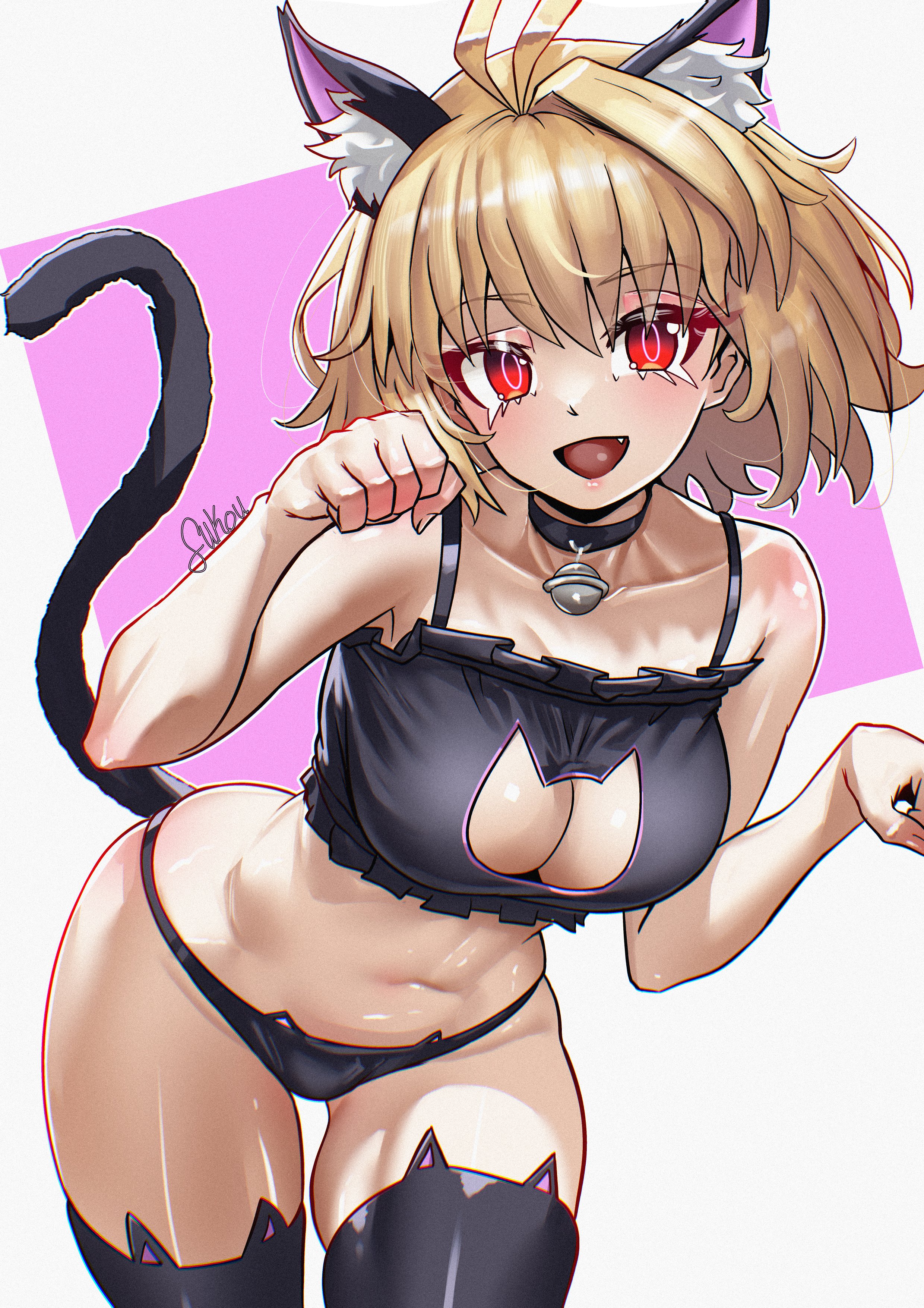 absurdres, animal ears, arcueid brunestud, bare shoulders, black bra, black panties, blonde hair, blush, bra, breasts, cat cutout, cat ears, cat tail, cleavage, clothing cutout, female, fukou, highres, large breasts, looking at viewer, navel, open mouth, panties, red eyes, short hair, smile, solo, tail, tsukihime, underwear