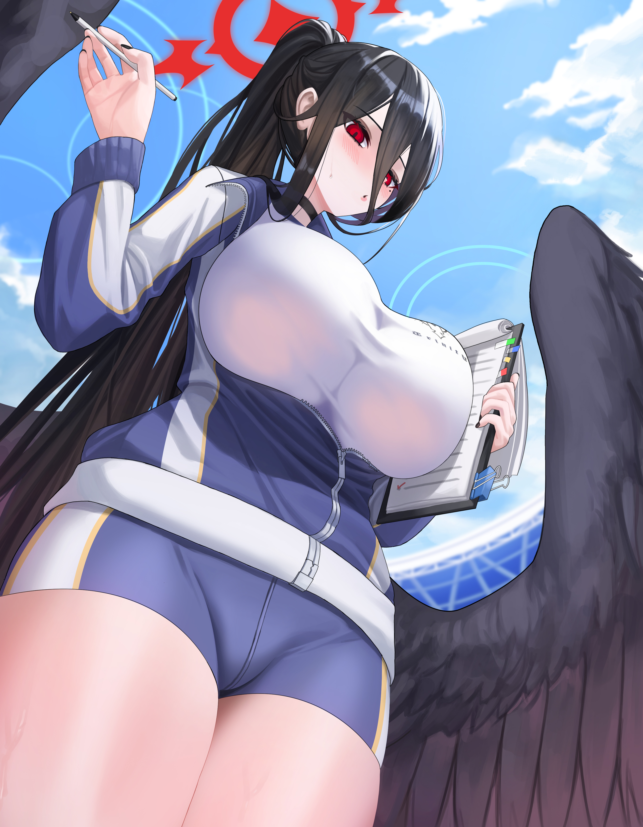 absurdres, black hair, black nails, black wings, blue archive, blue jacket, blue shorts, blush, breasts, clipboard, cloud, commentary, day, ddog, feathered wings, female, from below, hair between eyes, halo, hasumi (blue archive), hasumi (track) (blue archive), highres, holding, holding clipboard, holding pen, huge breasts, jacket, long hair, long sleeves, looking at viewer, low wings, nail polish, outdoors, parted lips, partially unzipped, pen, red eyes, shirt, short shorts, shorts, sky, solo, sweat, symbol-only commentary, thighs, very long hair, white shirt, wings