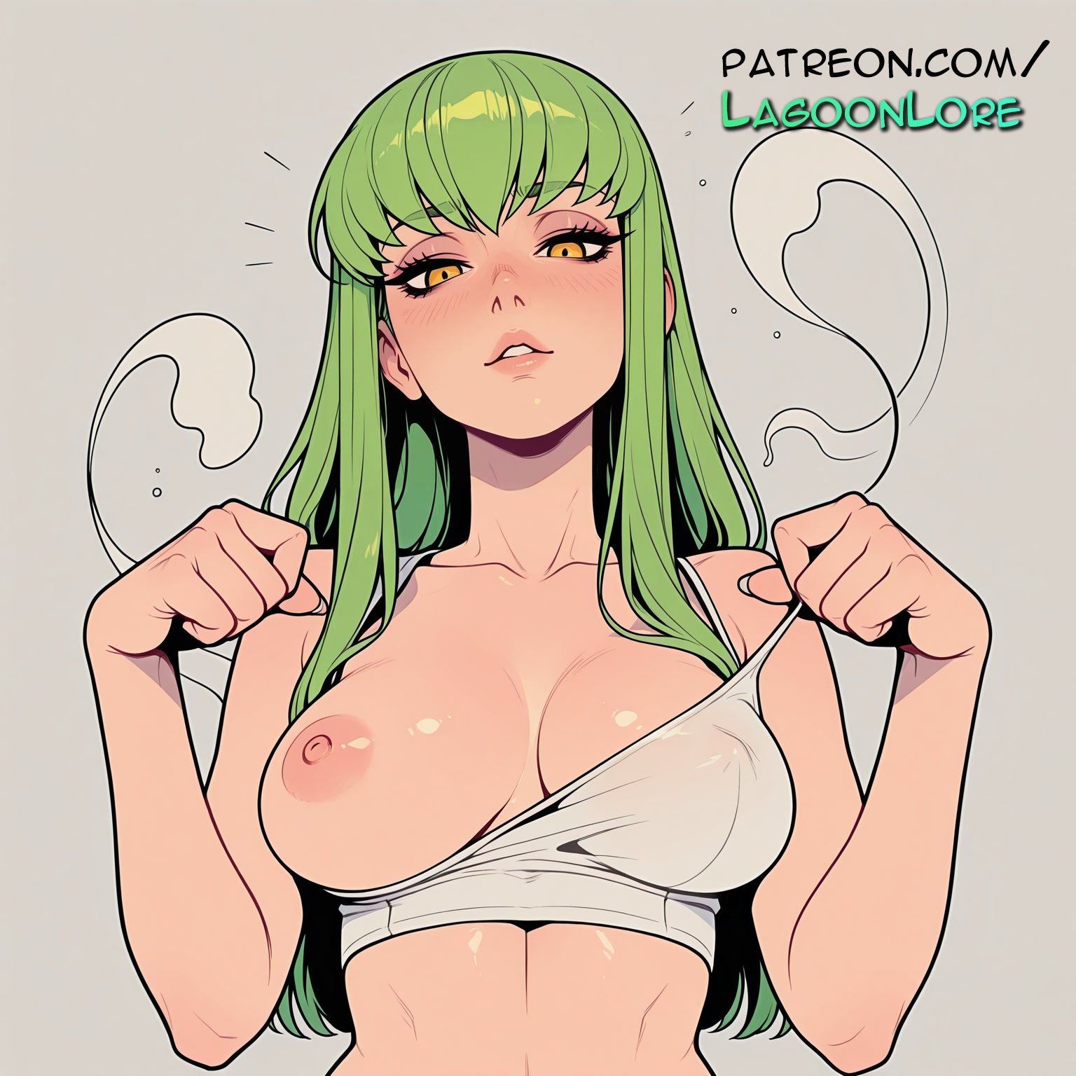 ?, ai generated, artist name, blush, breasts, bust, c.c., chest, code geass, exposed nipples, female, green hair, grey background, hi res, highres, lagoonlore, long hair, looking at viewer, nipples, nipples outside, patreon, patreon username, solo, upper body, watermark, yellow eyes