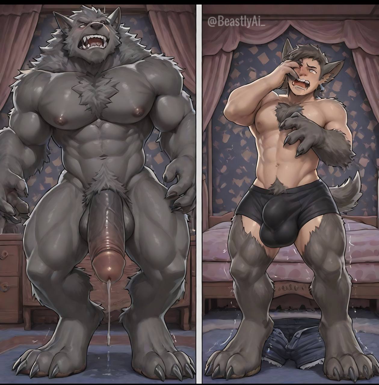 abs, ai generated, anthro, balls, bara, bedroom, before and after, before transformation, big balls, big muscles, big penis, bulge, canid, canine, canis, fur, furry, furry male, gay, grey fur, huge balls, huge cock, humanoid penis, male, mid-transformation, monster, muscle growth, muscles, muscular, muscular male, navel, nipples, nude, paws, pecs, penis, powerful, precum, strong, tf, thick penis, transformation, werewolf, wolf, yaoi