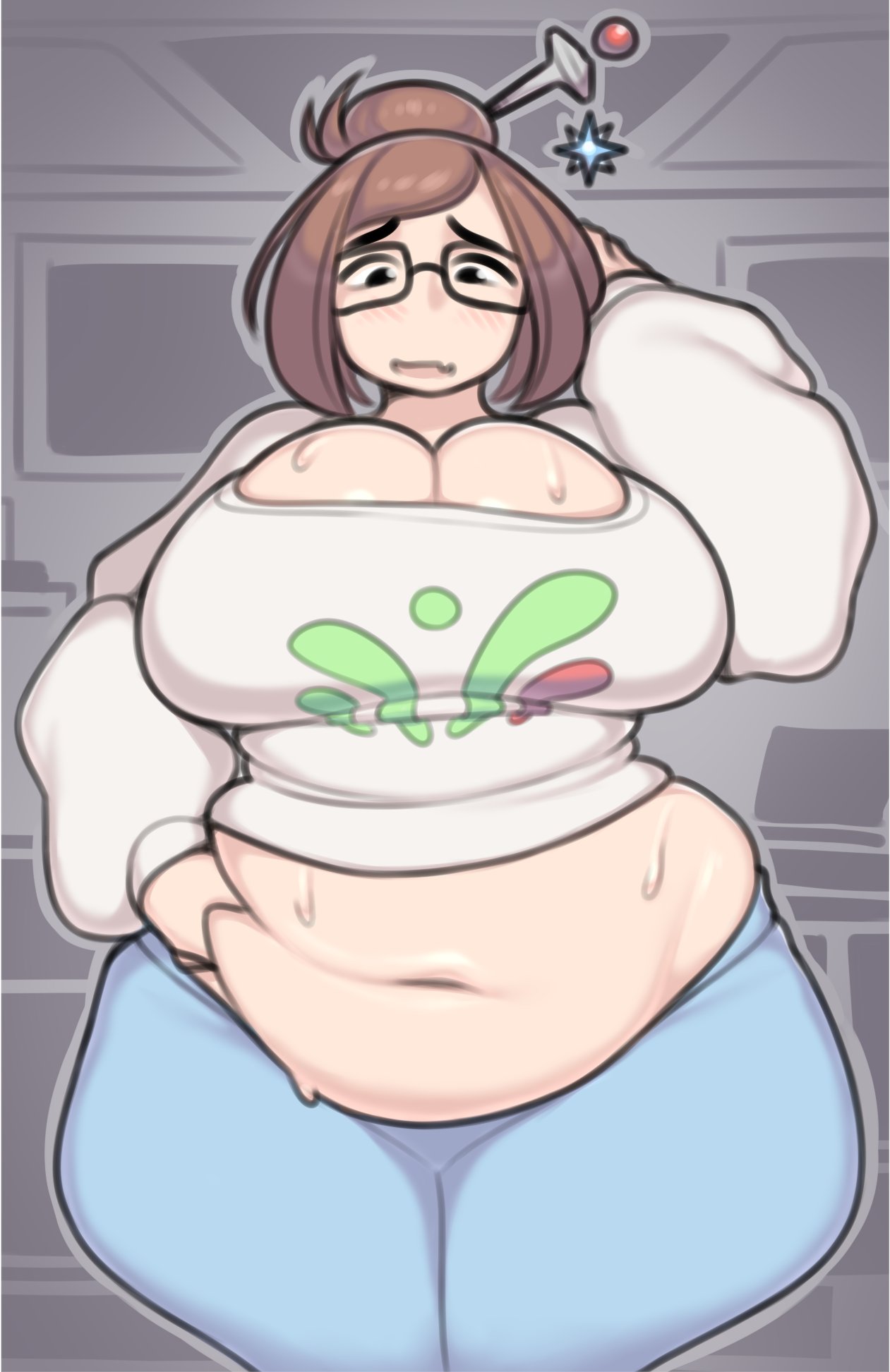 1girls, 2025, 2d, 2d (artwork), 2d artwork, background, bangs, bbw, belly, belly button, belly grab, belly overhang, big hips, big thighs, black eyes, blush, blush lines, breasts, brown hair, child bearing hips, chubby, chubby female, cleavage, clothed, clothed female, clothing, curvaceous, curvy, curvy female, curvy figure, cute fang, exposed belly, exposed midriff, fat, fat belly, fat female, fat fetish, female, female only, glasses, grabbing belly, grabbing own belly, hair bun, hairbun, hi res, highres, hourglass figure, huge hips, huge thighs, large hips, large thighs, light skin, light-skinned female, mei (overwatch), midriff, navel, onaeane, overwatch, overweight, overweight female, pajamas, plump, short hair, skin fang, solo, solo focus, stomach, sweat, sweatdrop, sweating, sweaty, sweaty body, sweaty breasts, thick, thick hips, thick legs, thick thighs, thighs, tied hair, voluptuous, voluptuous female, weight conscious, wide hips