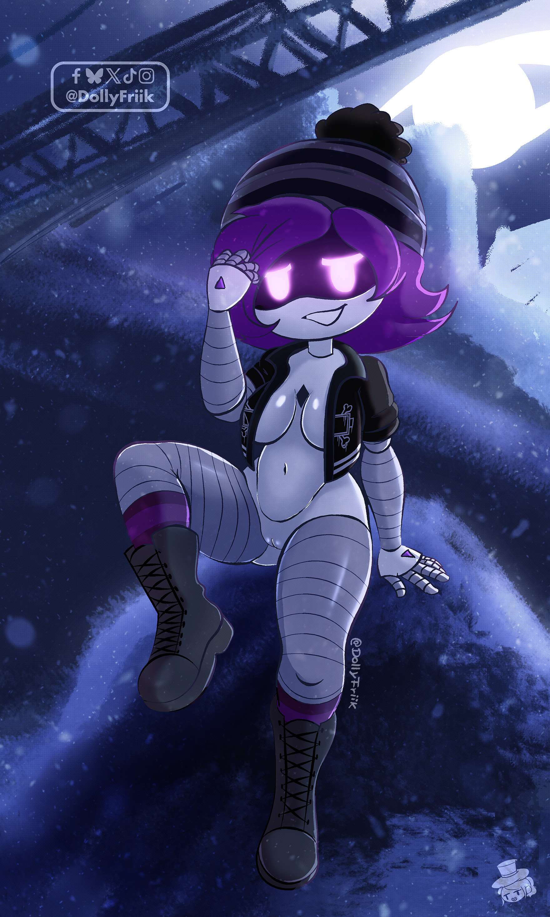 :), 1girls, black boots, boots, bottomless, breasts, dollyfriik, female, female only, grabbing hair, hat, murder drones, open jacket, purple hair, pussy, robot, robot girl, robot humanoid, uzi (murder drones), vagina, visible breasts, watermark
