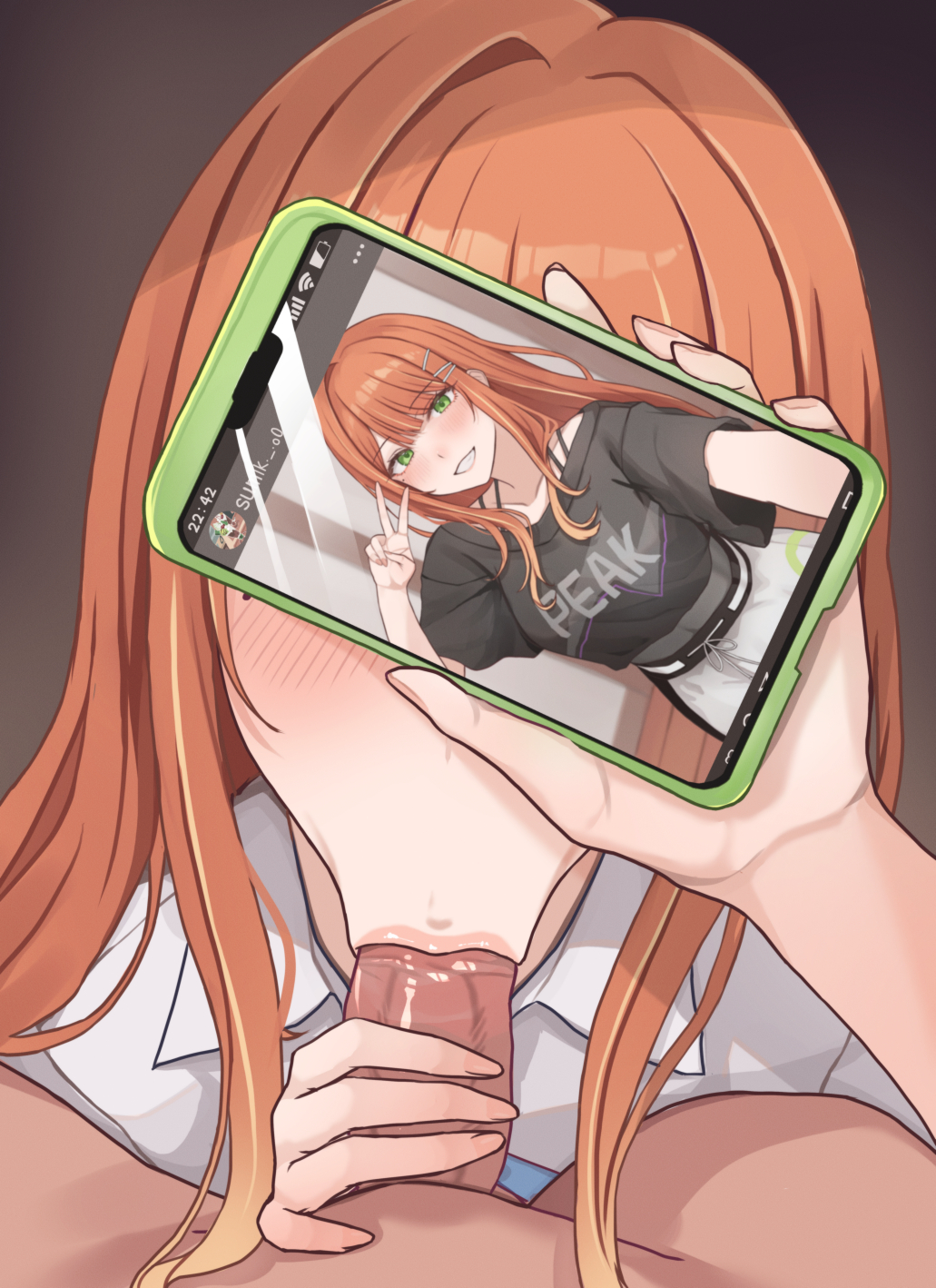 :>=, 1boy, black shirt, cellphone, cellphone photo, clothed female nude male, covered eyes, female, gakuen idolmaster, green eyes, grin, highres, holding, holding phone, idolmaster, juxtaposition, long hair, looking at viewer, male, namagaki namero, nude, orange hair, penis, performance juxtaposition, phone, phone comparison, pov, pov crotch, shirt, shiun sumika, smartphone, smile, straight, v