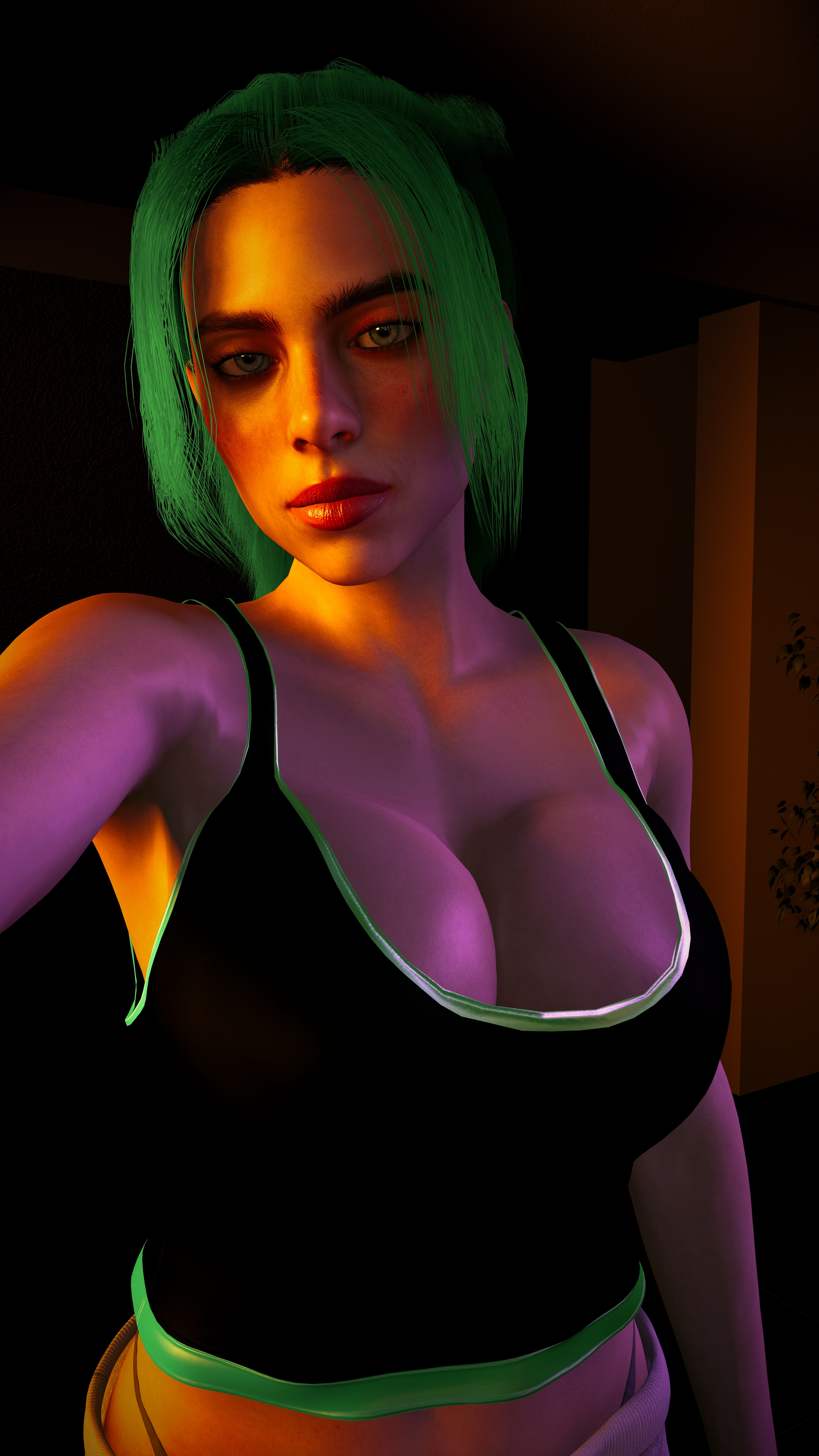 1girls, big breasts, billie eilish, breasts, busty, celebrity, cleavage, curvy, female, female only, green hair, invader doomest, looking at viewer, lustful gaze, posing, singer, solo