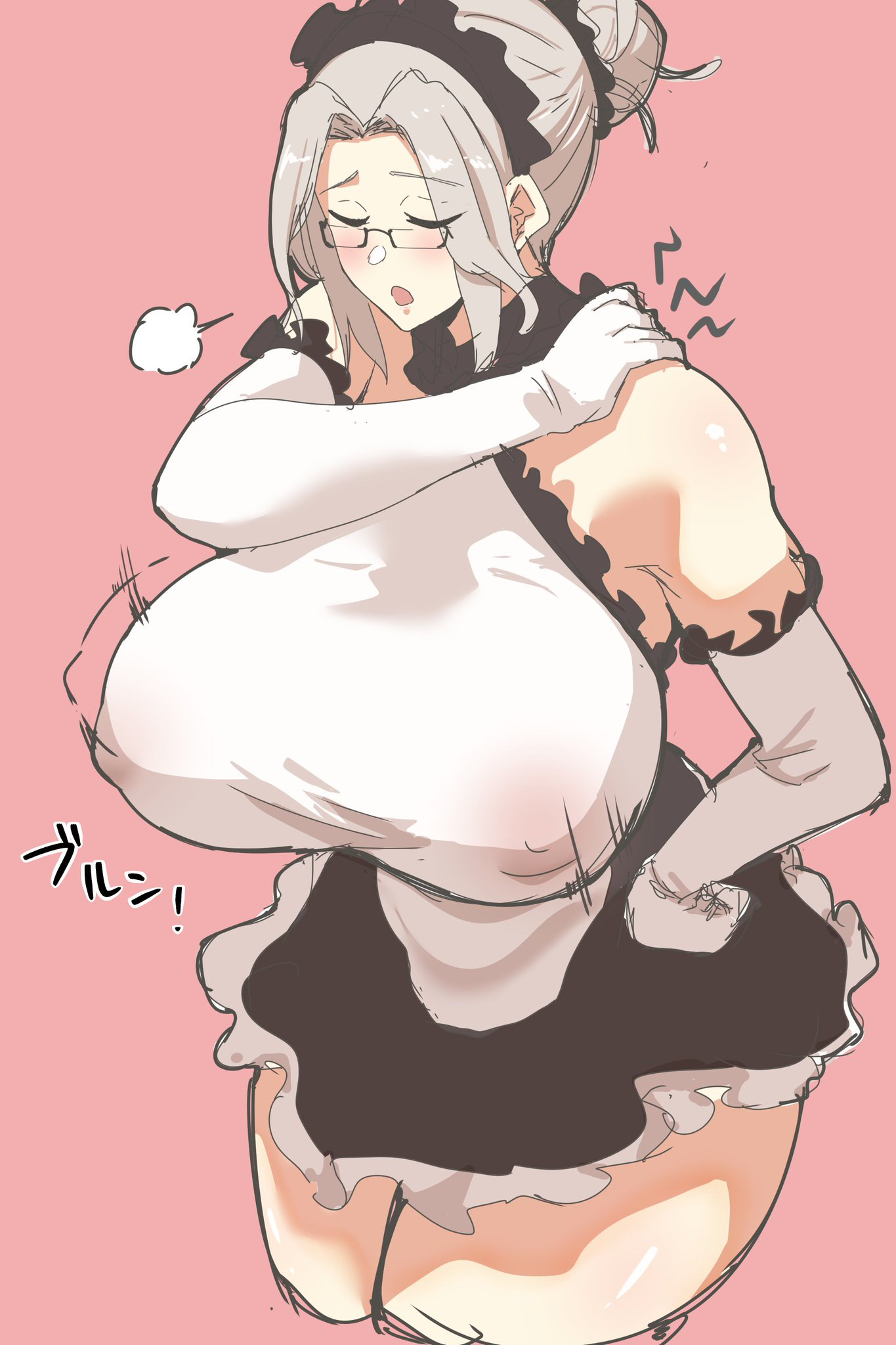 1girls, breasts, closed eyes, covered erect nipples, female, hand on hip, hand on shoulder, huge breasts, labiata (last origin), labiata prototype (last origin), last origin, nipple bulge, open mouth, pain, shoulder pain, sigh, solo, thick thighs, tired, wide hips