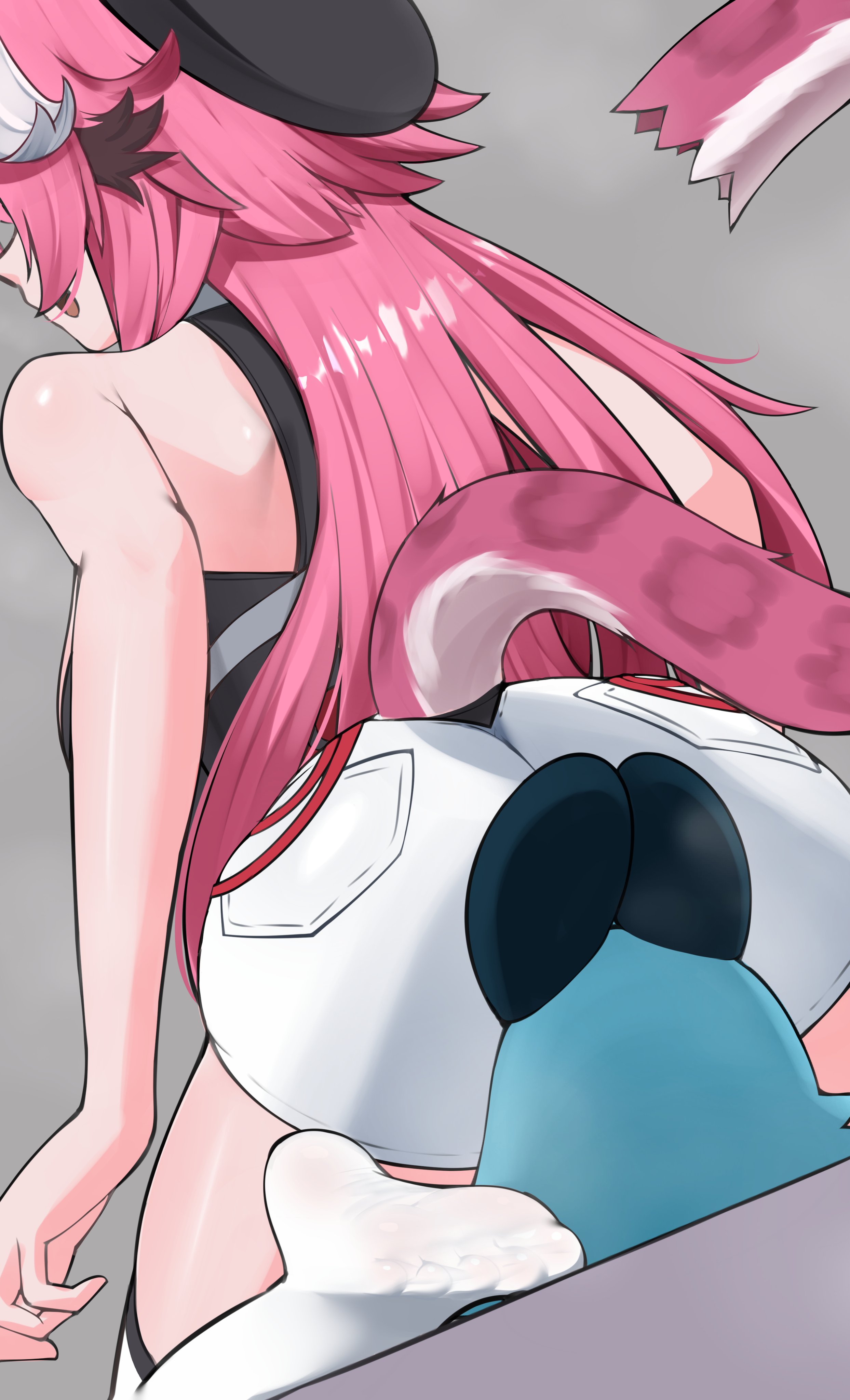 1ambiguous, 1girls, ambiguous gender, ass, ass focus, black topwear, blue fur, cat ears, cat girl, cat tail, chattino (raora panthera), clothed, clothing, facesitting, fan mascot (vtuber), fan mascot focus (vtuber), feline, female, hololive, hololive english, hololive english -justice-, large ass, legwear, light skin, light-skinned female, nobarts, pink hair, raora panthera, shorts, sitting, sitting on face, sitting on person, thighhighs, topwear, virtual youtuber, vtuber, white bottomwear, white clothing, white legwear, white shorts, white thighhighs