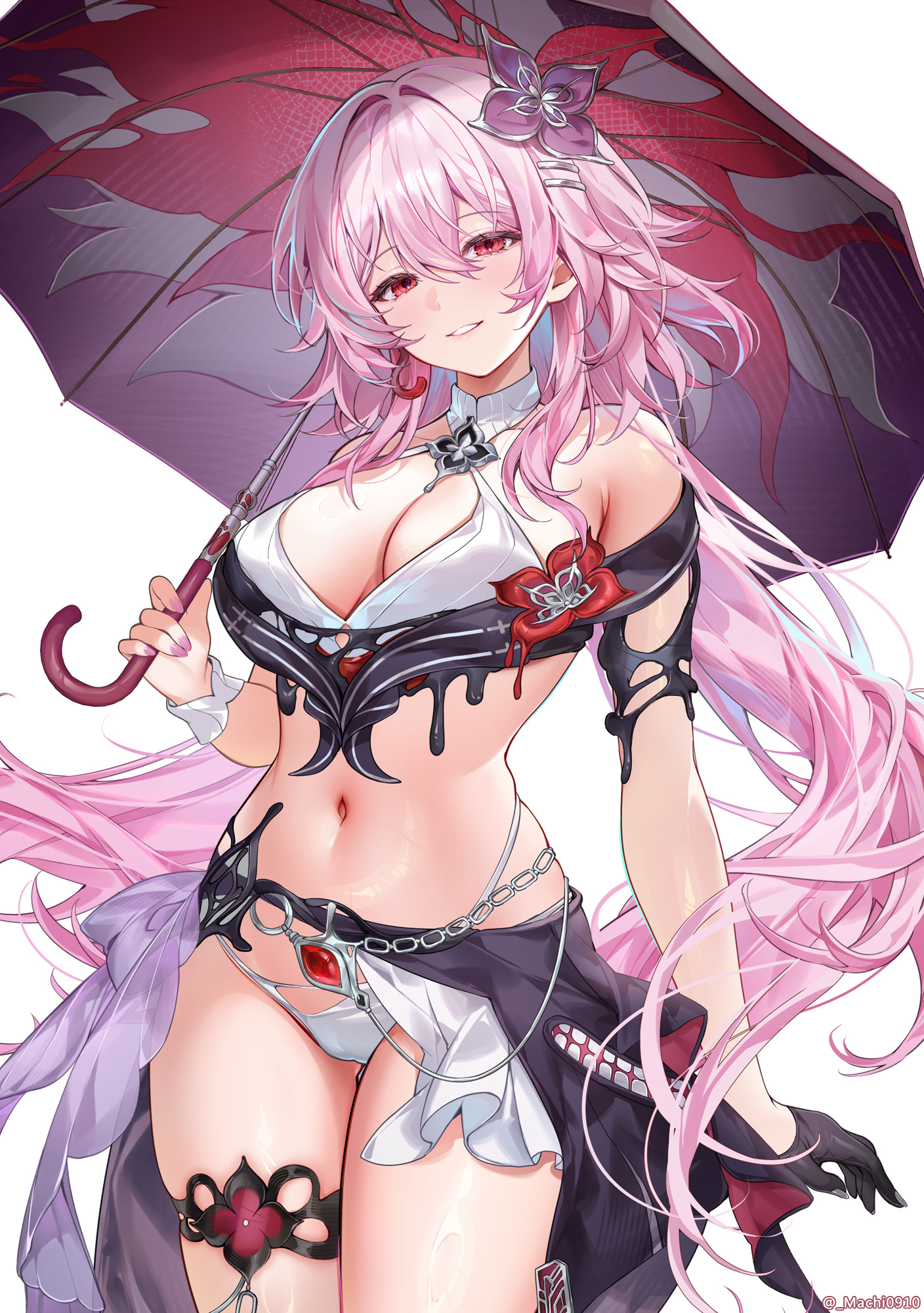 1girls, breasts, evernight (honkai: star rail), exposed breasts, female, honkai: star rail, hoyoverse, long hair, machi (machi0910), march 7th (honkai: star rail), mihoyo, panties, pink hair, red eyes female, umbrella, white panties