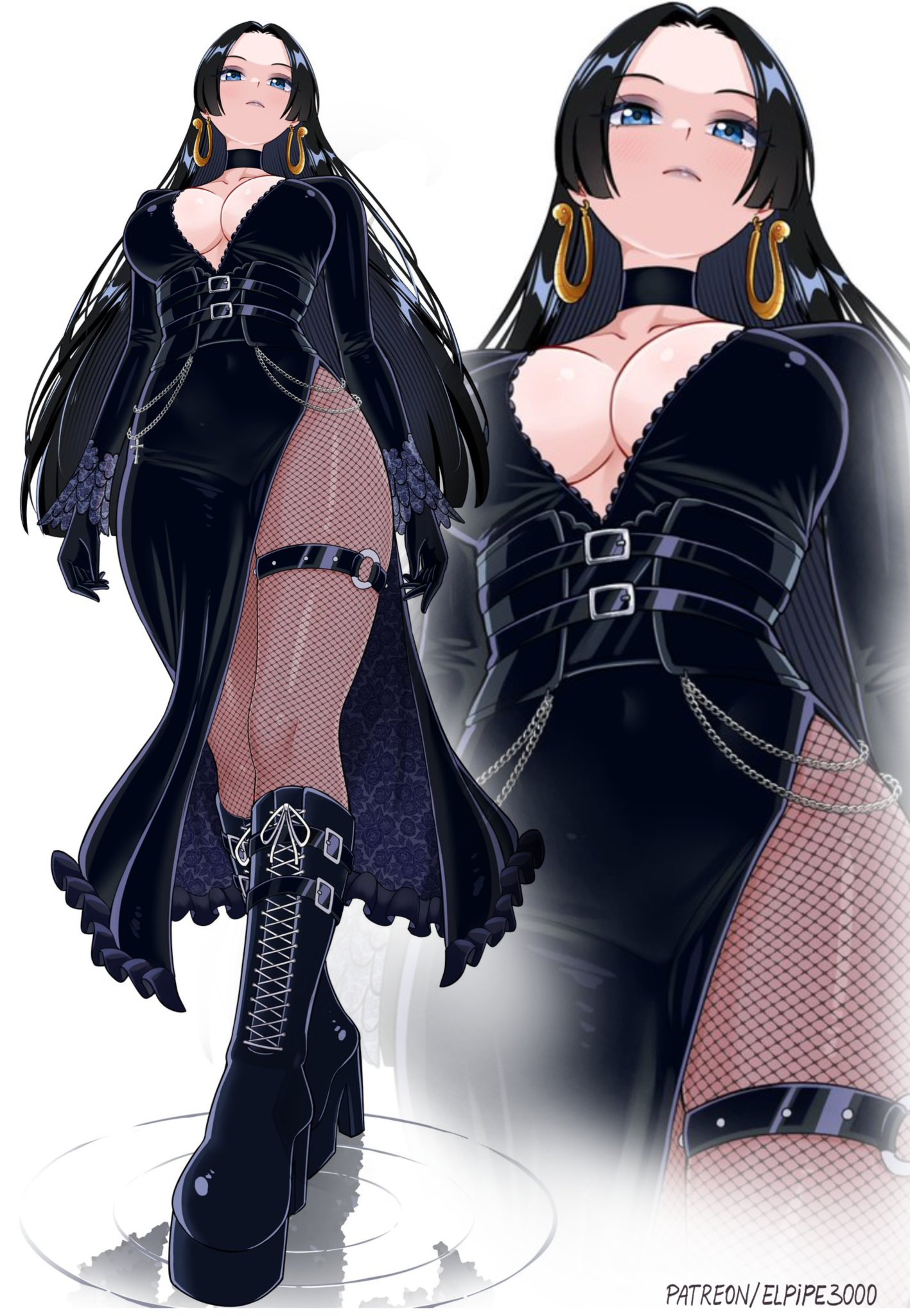 1girls, alternate costume, black boots, black choker, black dress, black hair, black-haired female, blue eyes, boa hancock, boots, breasts, choker, dress, earrings, elpipe 3000, elpipe3000, female, female only, fishnet pantyhose, fishnets, highres, jewelry, large breasts, o-ring, o-ring thigh strap, one piece, pantyhose, snake earrings, solo, thigh strap, white background, zoom layer