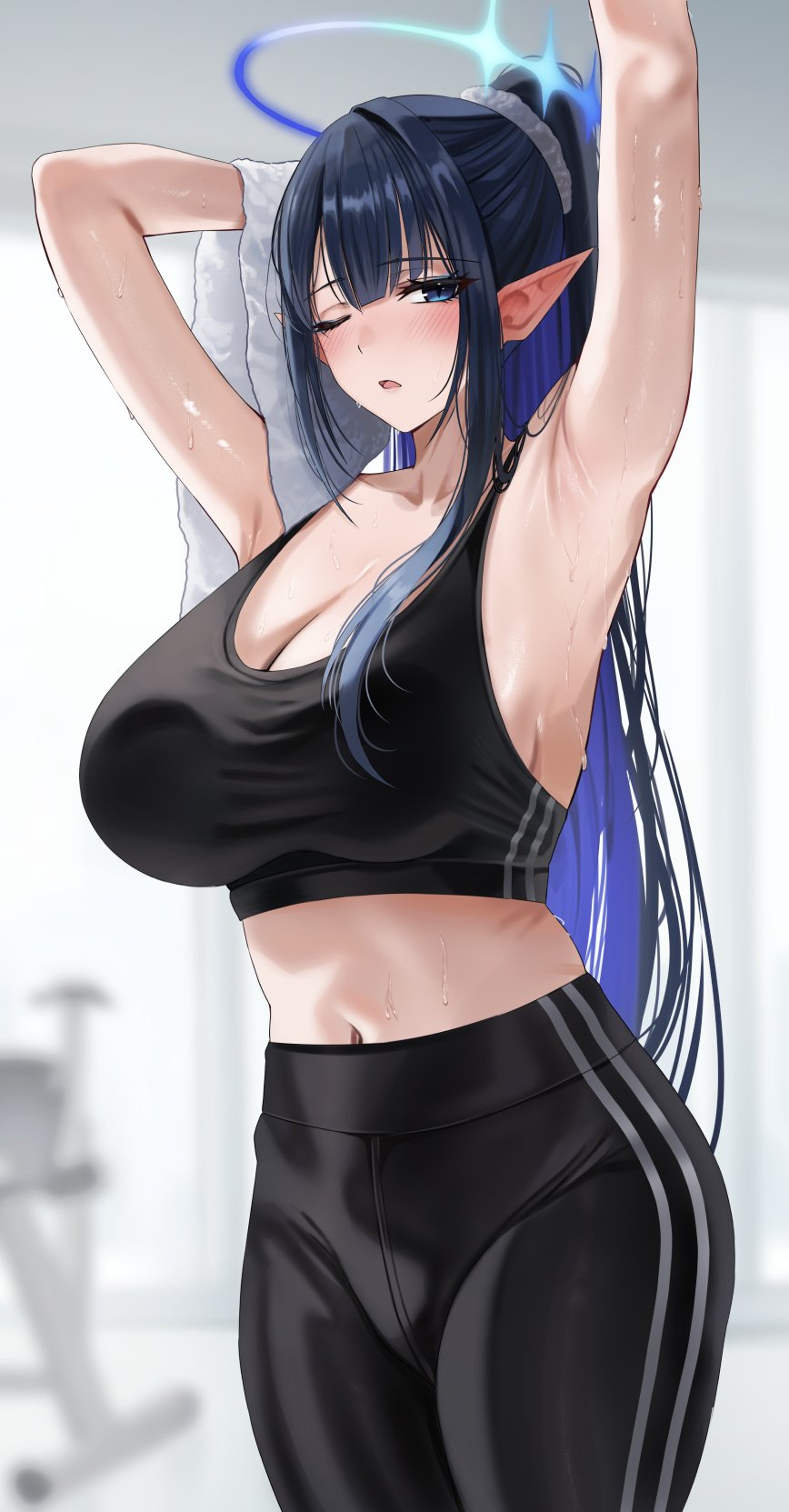 1girls, armpits, arms up, black hair, black sports bra, blue archive, blue eyes, blue hair, blue halo, blunt bangs, blurry, blurry background, blush, breasts, cleavage, colored inner hair, commentary request, female, female only, hair ornament, hair scrunchie, halo, high ponytail, high-waist pants, highres, holding, holding towel, large breasts, long hair, multicolored hair, navel, nicky w, one eye closed, open mouth, pants, pointy ears, ponytail, rin (blue archive), scrunchie, sidelocks, solo, sports bra, standing, sweat, towel, very long hair, yoga pants