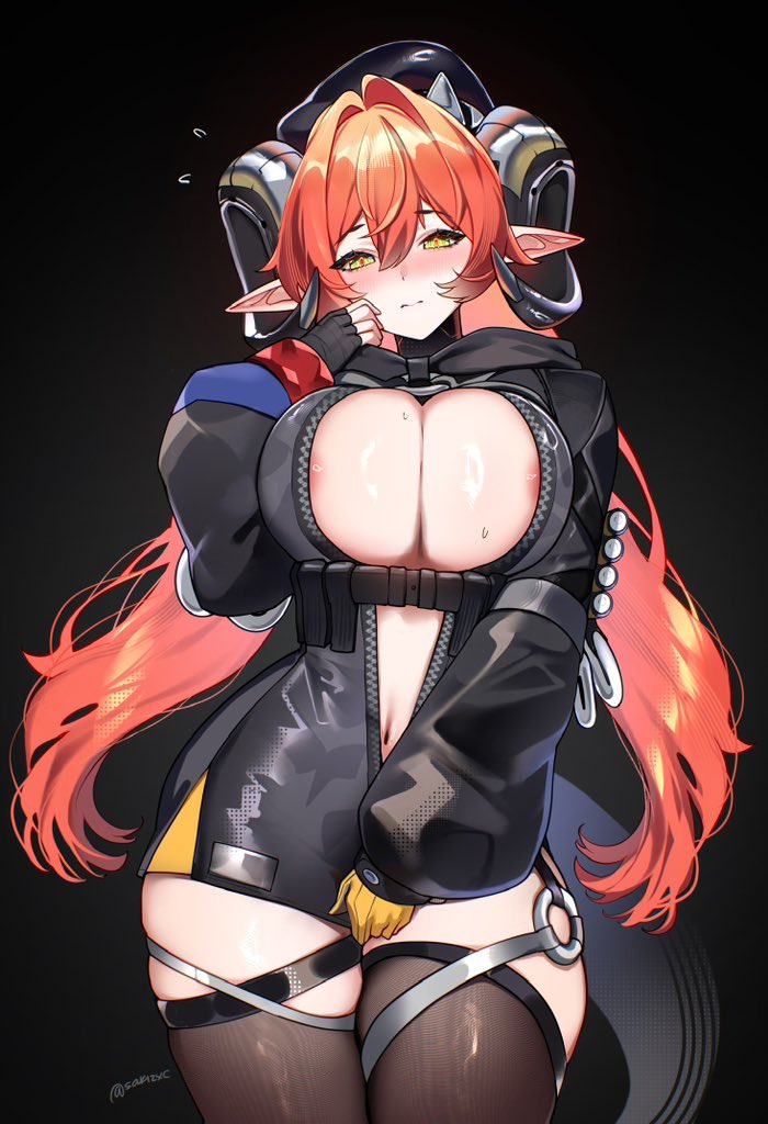 areola slip, asymmetrical gloves, beret, black background, black dress, black gloves, black hat, black thighhighs, blush, breasts, closed mouth, commentary, curled horns, dragon horns, dress, female, female only, fingerless gloves, forked hair, gloves, hair between eyes, hair intakes, hand up, hashtag-only commentary, hat, horns, large breasts, long hair, long pointy ears, looking at viewer, mechanical horns, mismatched gloves, navel, nose blush, orange hair, orphie magnusson, pointy ears, red pupils, sakichka, short dress, single fingerless glove, skindentation, solo, sweat, thighhighs, thighs, twitter username, unzipped, yellow eyes, yellow gloves, zenless zone zero