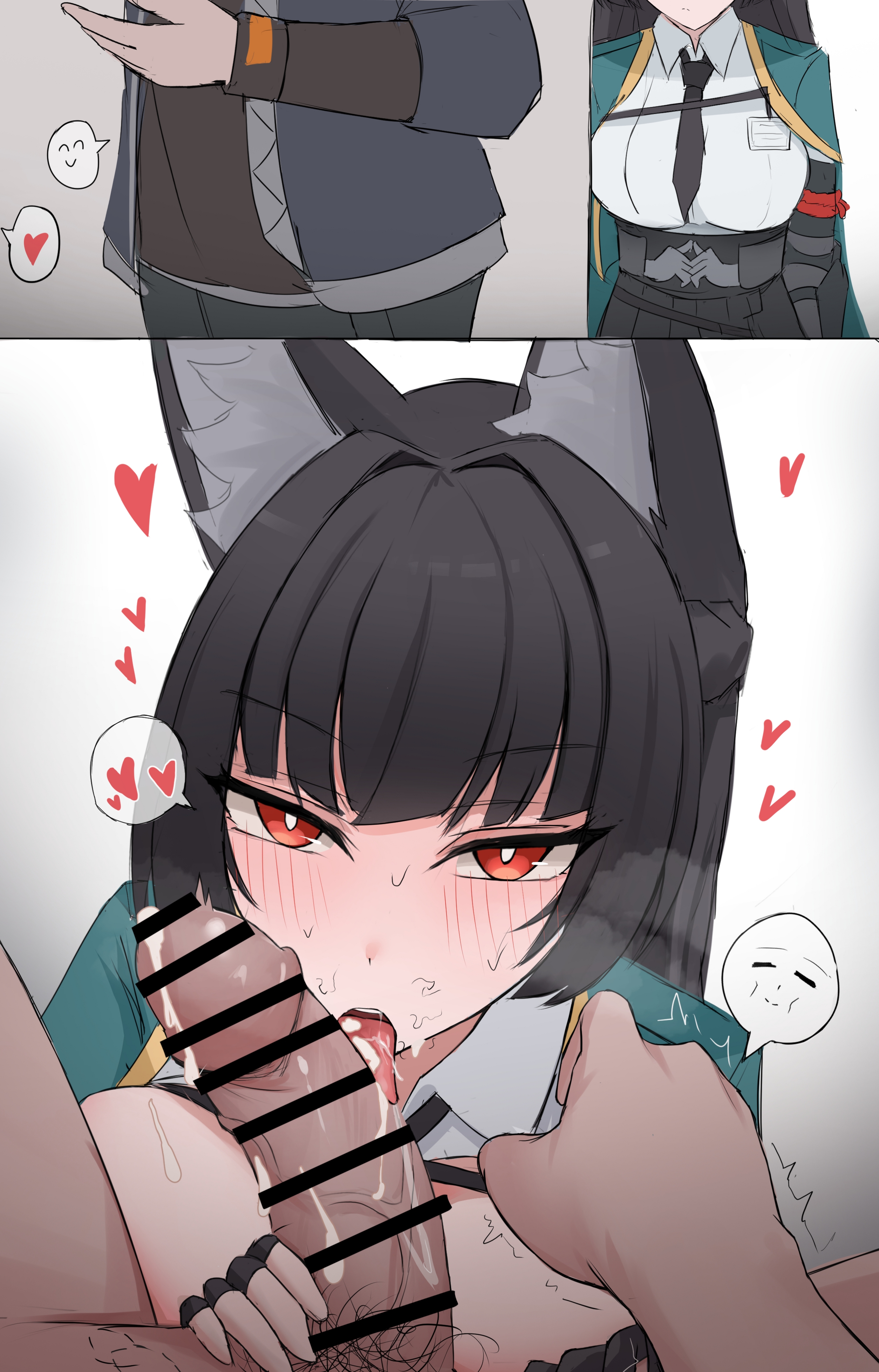 1boy, 1girls, 2025, black hair, blowjob, breasts, clothed, clothing, cum, fellatio, female, heart, hi res, hoshimi miyabi, hoyoverse, male, namikare, penis, pubic hair, red eyes, simple background, sucking penis, sweatdrop, veiny penis, white background, wise (zenless zone zero), zenless zone zero