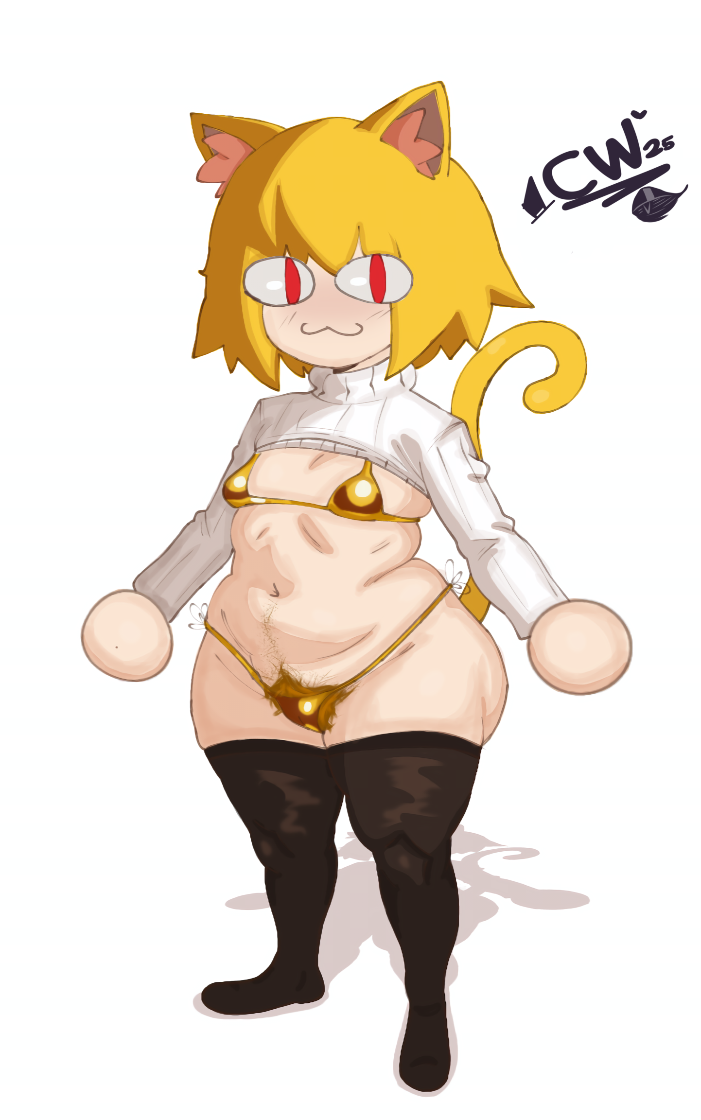 :3, 1girls, 2d, animal ears, anthro, anthro female, anthro only, bikini, blonde female, blonde hair, breasts, cartoonwizzard, cat ears, cat girl, cat tail, curvy female, feline, female, female only, furry, golden bikini, hairy pussy, long stockings, neco-arc, neko, pubic hair, pussy, small breasts, smile, solo, sweater, tummy, turtleneck, white background, wide hips