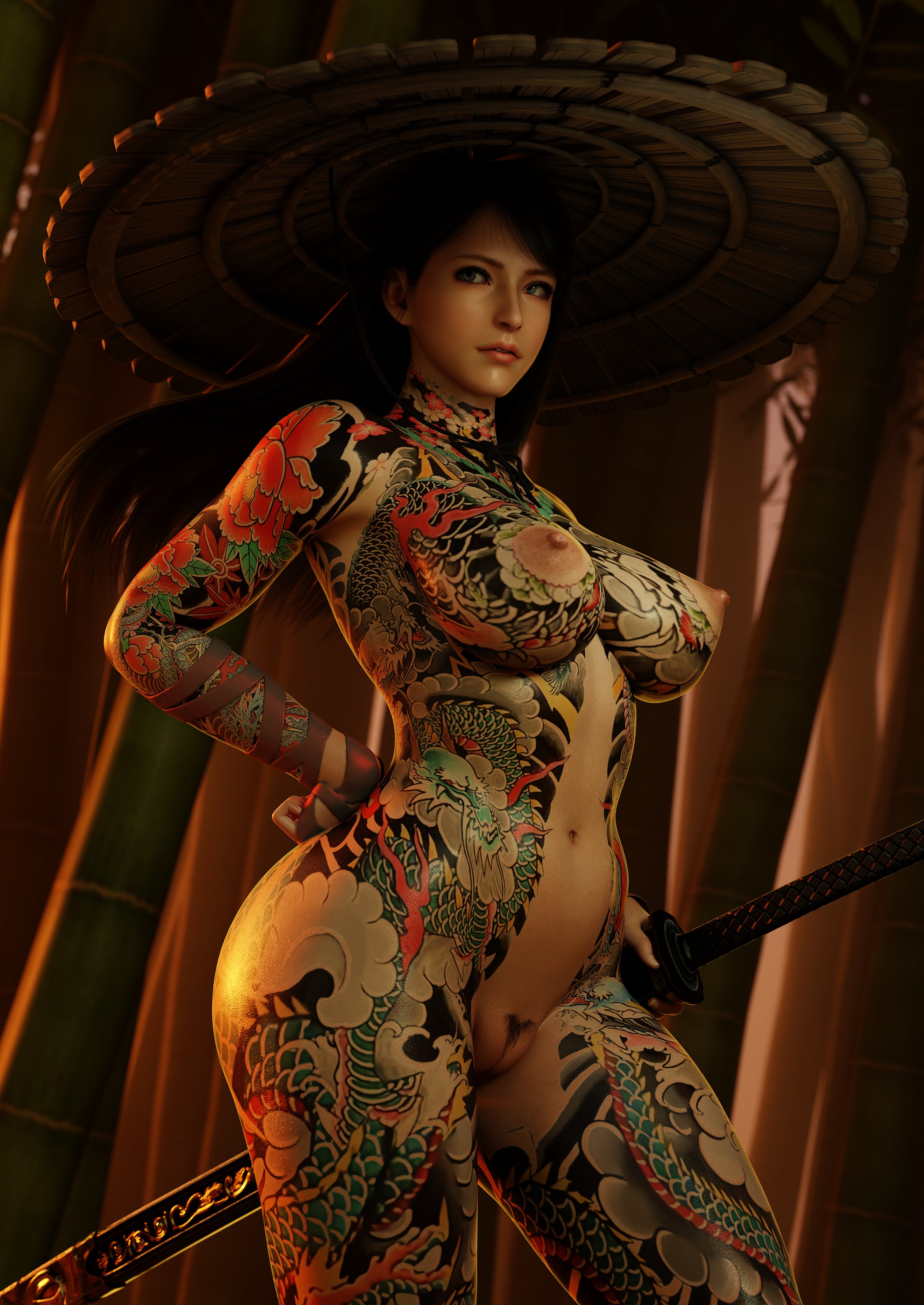 1girls, 2025, 3d, areolae, black hair, breasts, brown eyes, completely nude, conical hat, fat mons, female, female only, female pubic hair, full body tattoo, hat, hat only, holding katana, huge breasts, huge thighs, katana, kiku (skyarsenic), legs apart, long hair, navel, nipples, nude, nude female, original, plump, plump labia, pubic hair, pubic hair peek, pubic tuft, pussy, rice hat, skyarsenic, solo, standing, tattoo, tattoos, thick thighs, voluptuous, voluptuous female, vulva, weapon, yakuza tattoo