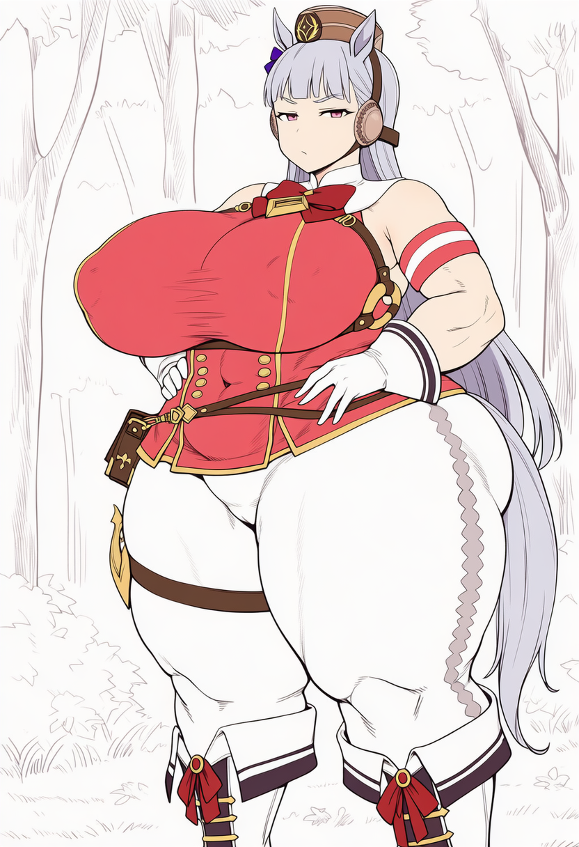 abs, ai generated, alternate body size, alternate breast size, breasts, cameltoe, chubby, chubby female, chubby girl, crazy eyes, crazy smile, female, giant breasts, gloves, gold ship (umamusume), hands on hips, hyper thighs, in public, long hair, looking at viewer, muscle gut, muscles, navel, nightmare fuel, nipple outline, thick thighs, thigh belt, tight clothing, umamusume, umamusume pretty derby, white hair, wide hips, woods