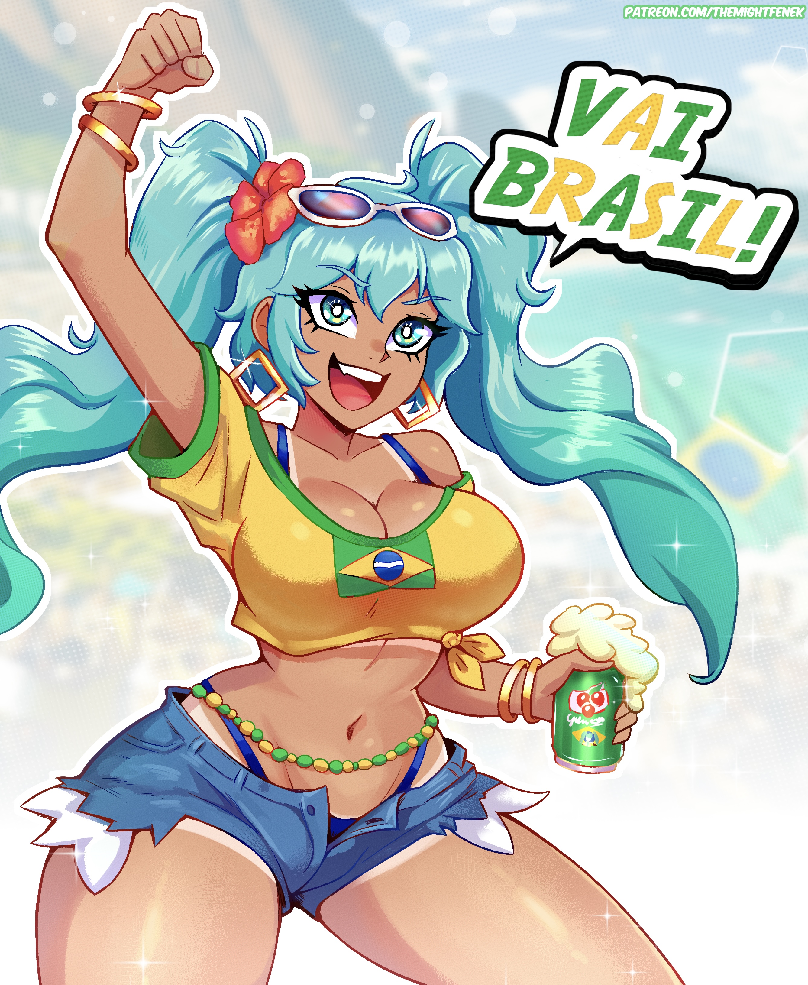 1girl, absurdres, aqua eyes, aqua hair, arm up, bead choker, beads, beer, bikini, blue panties, bracelet, brazilian flag, brazilian flag print, brazilian miku, breasts, cleavage, crop top, cup, dark skin, dark-skinned female, denim, denim shorts, earrings, english text, exposed pocket, eyewear on head, female, flag print, flower, guarana antarctica, hair flower, hair ornament, hatsune miku, highres, hoop earrings, jewelry, large breasts, long hair, midriff, multiple bracelets, navel, open clothes, open mouth, open shorts, panties, rectangular earrings, shirt, shorts, shorts tan, smile, solo, speech bubble, sunglasses, swimsuit, tan, tanline peek, tanlines, themightfenek, thong, twintails, underwear, v-shaped eyebrows, vocaloid, wavy hair, yellow shirt