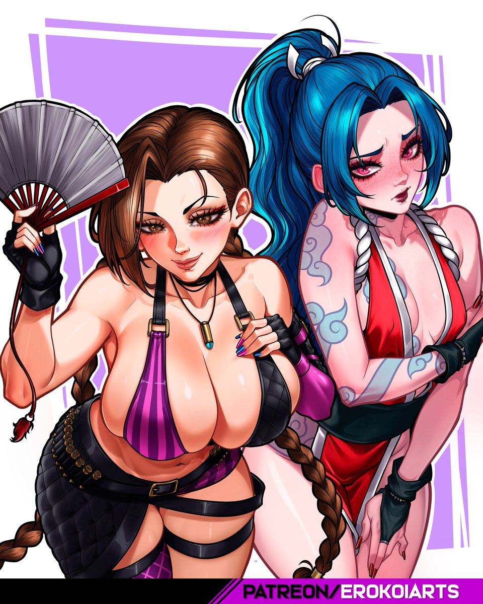 2girls, 4:5, alternate hairstyle, alternate version available, big breasts, blue hair, blue nail polish, blue nails, bottomwear, braid, braided hair, breasts, brown eyes, brown hair, cleavage, clothing, cosplay, costume switch, crossover, eastern and western character, fatal fury, female, female only, folding fan, gloves, hair, hairstyle swap, handwear, holding object, huge breasts, jinx (league of legends), jinx (league of legends) (cosplay), king of fighters, koiarts, large breasts, league of legends, lips, mai shiranui, mai shiranui (cosplay), multiple females, multiple girls, nail polish, nails, necklace, neckwear, outfit swap, pink eyes, pink nail polish, pink nails, ponytail, red nail polish, red nails, revealing clothes, shorts, skimpy, skimpy clothes, small breasts, smile, snk, tattoo, tattooed arm, tattoos, thigh strap, thighs, tied hair, topwear