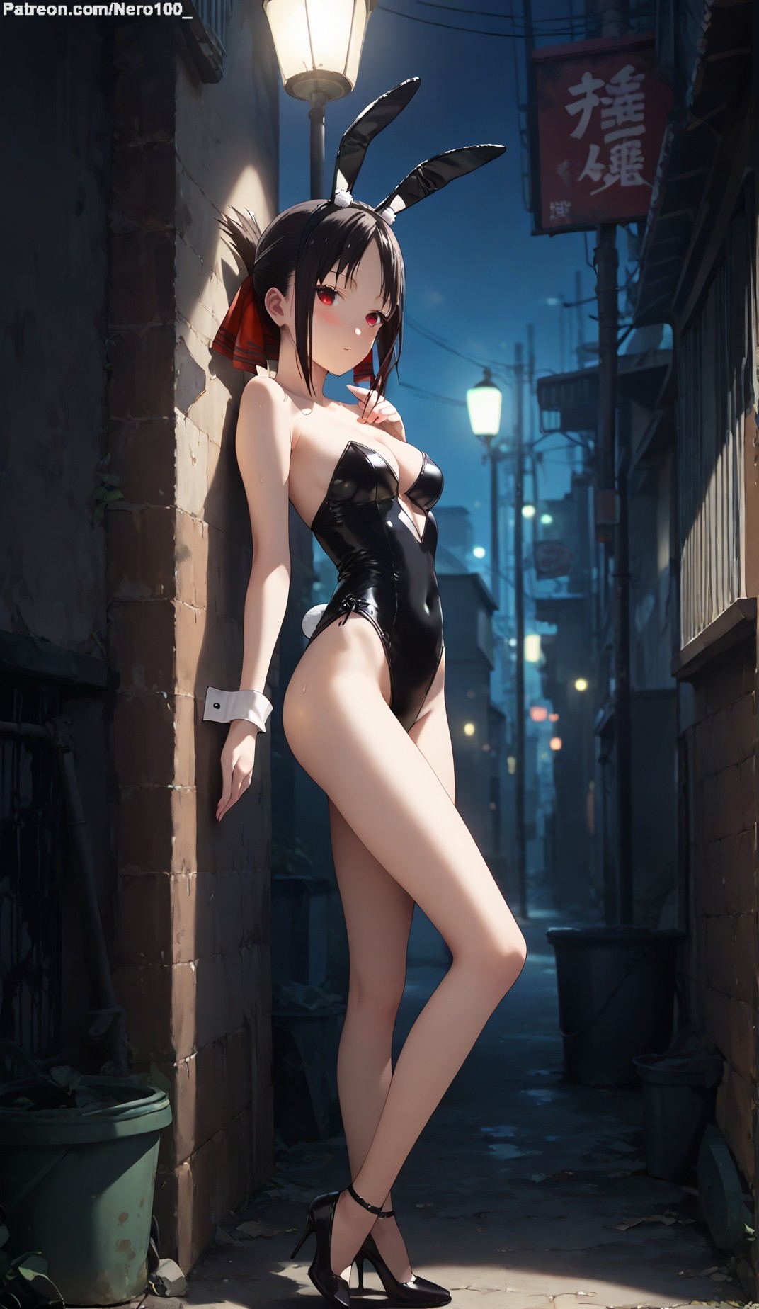 1girls, 2d, ai generated, areolae, armpit, bare arms, bare legs, bare shoulders, belly, black hair, breasts, bunny ears, bunny girl, bunnysuit, chest, cleavage, curvy, curvy figure, cute, cute face, detailed, eyelashes, eyeshadow, female, female only, fit, fit female, focus, grey hair, hair, high quality, kaguya-sama wa kokurasetai ~tensai-tachi no renai zunousen~, legs, light skin, light-skinned female, lips, lipstick, looking at viewer, makeup, mascara, medium breasts, pale skin, pale-skinned female, perky breasts, petite, petite body, playboy bunny, posing, red eyes, seductive, seductive look, sexy pose, shinomiya kaguya, sidelocks, slim female, slim waist, stable diffusion, tagme, teenager, thighs, thin waist, young
