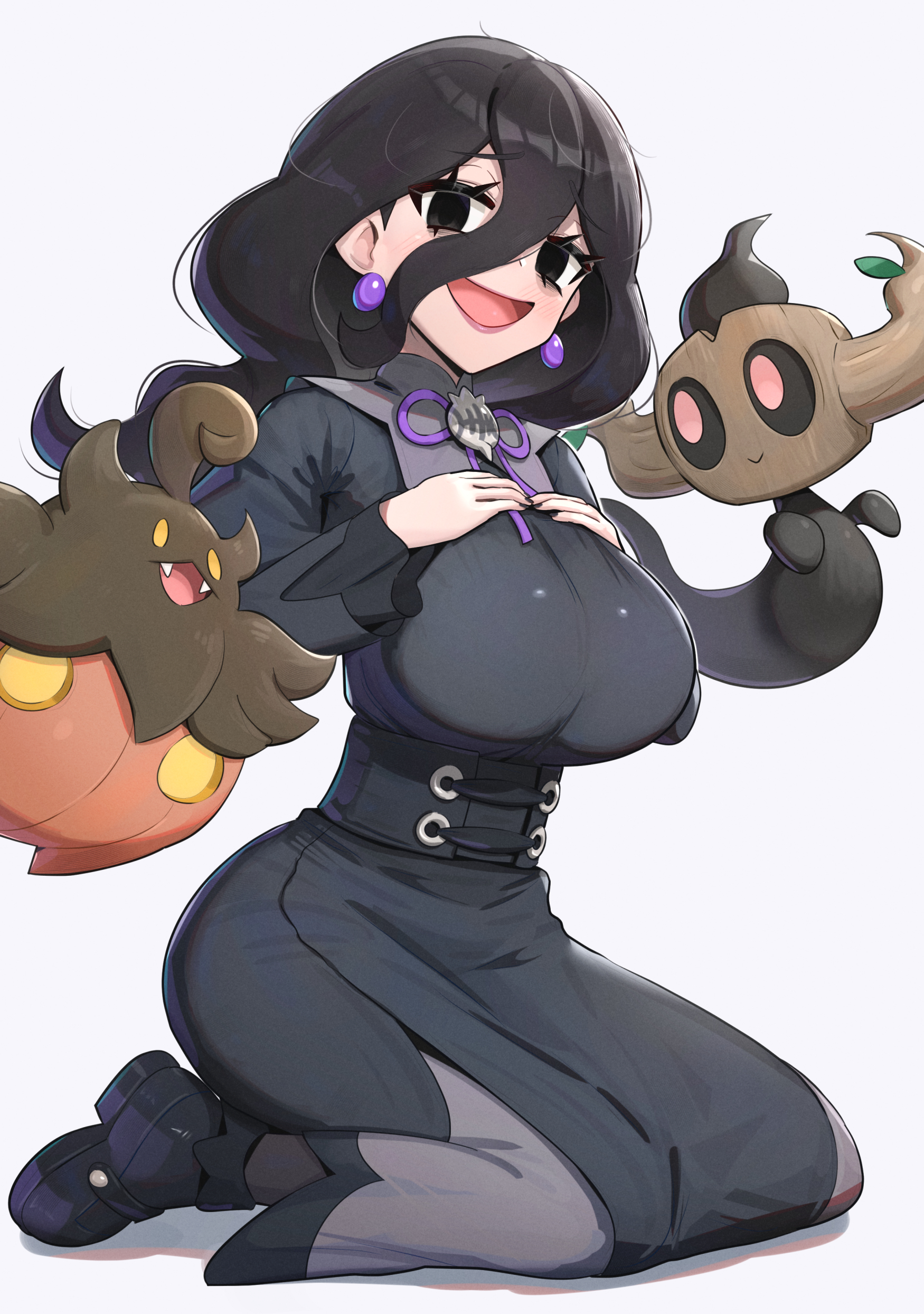 1girls, absurdres, alternate breast size (larger), bakeccha, black corset, black dress, black eyes, black hair, black pantyhose, black sclera, bokurei, breasts, closed mouth, colored sclera, corset, dress, earrings, empty eyes, fangs, female, female only, gonzarez, hair between eyes, hex maniac, hex maniac (pokemon legends: z-a), highres, jewelry, juliet sleeves, kneeling, large breasts, leaf, long hair, long sleeves, looking at viewer, neck ribbon, nintendo, occult maniac, occult maniac (pokemon legends: z-a), occult maniac (pokemon), occult maniac (z-a), open mouth, pantyhose, phantump, pink eyes, pokemon, pokemon (creature), pokemon legends: z-a, puffy sleeves, pumpkaboo, purple eyes, purple ribbon, ribbon, seiza, simple background, sitting, smile, solo, yellow eyes, yellow sclera