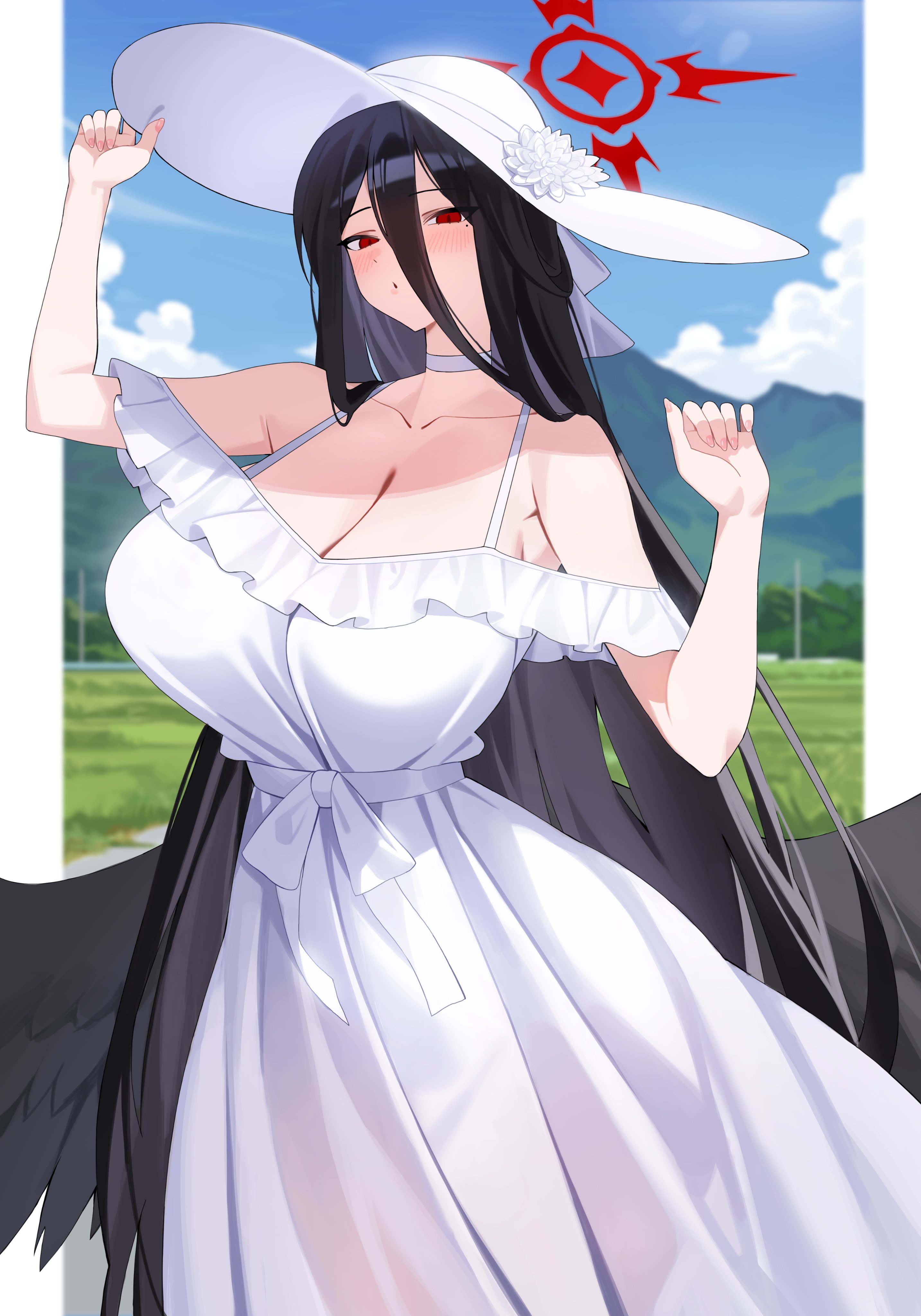 absurdres, alternate costume, bare shoulders, black hair, black wings, blue archive, blurry, blurry background, blush, breasts, choker, cleavage, cloud, commentary, day, ddog, dress, feathered wings, female, field, flower, grass, halo, hand on headwear, hashtag-only commentary, hasshaku-sama, hasumi (blue archive), hat, hat flower, highres, huge breasts, long hair, looking at viewer, low wings, mountain, outdoors, parted lips, red eyes, see-through clothes, see-through dress, sky, sleeveless, sleeveless dress, solo, sun hat, very long hair, white choker, white dress, white flower, white hat, wings