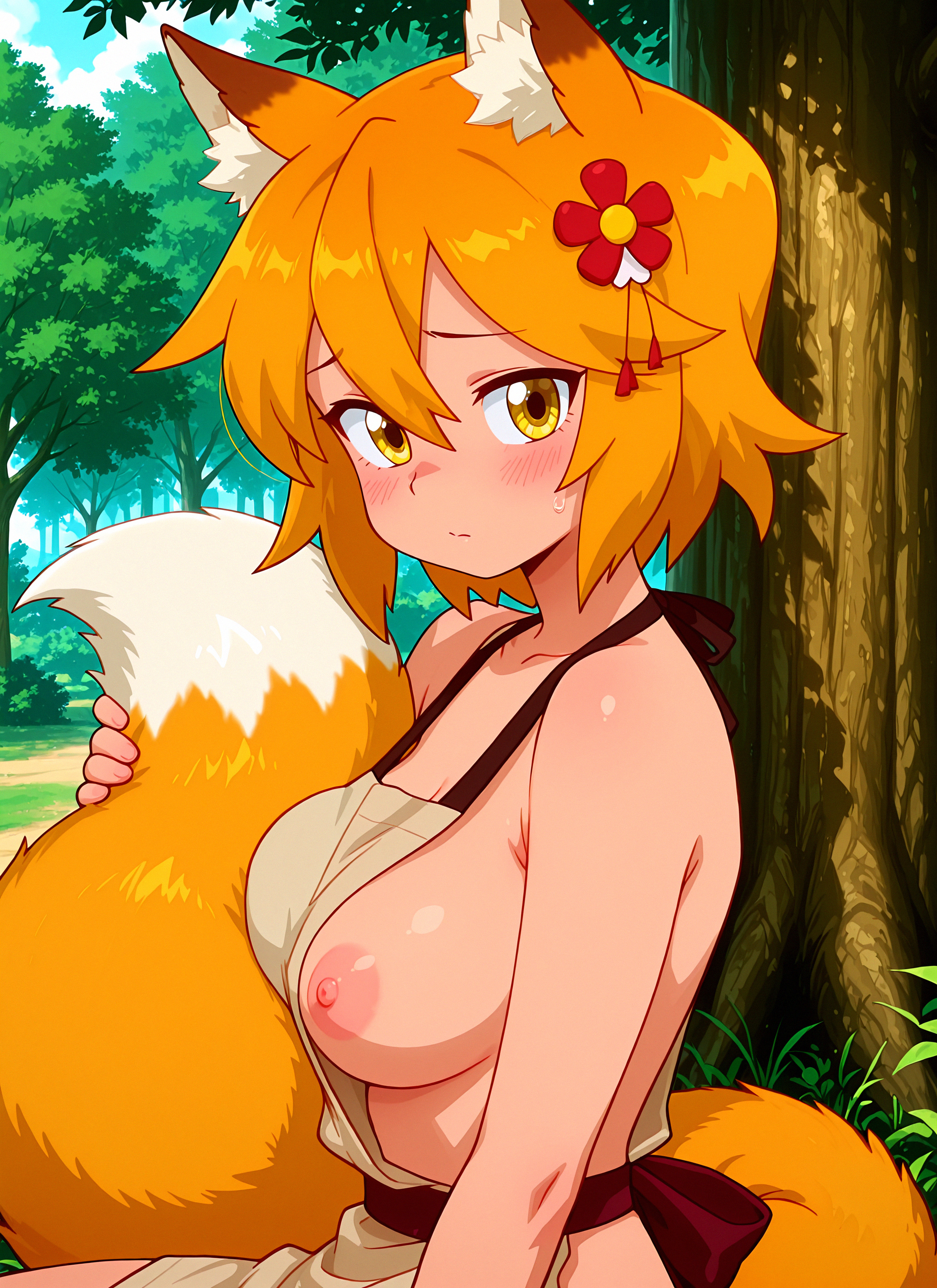 1girls, ai generated, animal ears, apron, blush, breasts, deepwoof, female, hair flower, high resolution, holding tail, large breasts, looking at viewer, nipples, outside, patreon, senko (sewayaki kitsune no senko-san), sewayaki kitsune no senko-san, short hair, sideboob, yellow eyes