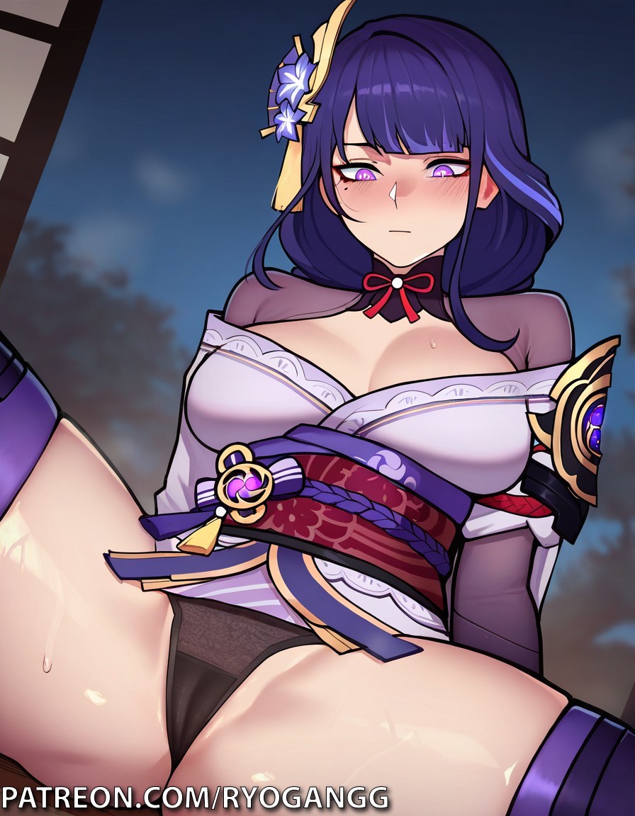 1female, 1girls, 2d, 2d (artwork), ai generated, big ass, big breasts, braided hair, breasts, ceremonial dress, exposed panties, female, genshin impact, hair accessory, high resolution, highres, large ass, large breasts, legs apart, patreon, patreon username, pink eyes, purple hair, raiden mei, raiden shogun, ryogangg