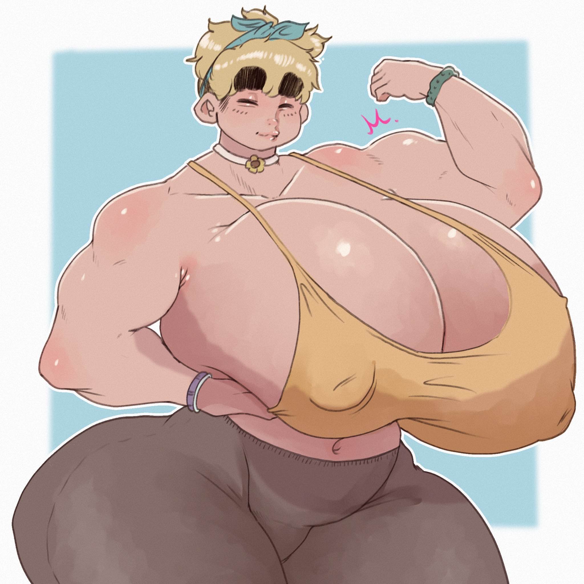 1girls, breasts, brown pants, cleavage, closed eyes, closed eyes smile, cropped legs, female, gd (lewdbeef), gigantic breasts, huge ass, lewdbeef, muscular, muscular female, original, short hair, solo, standing, tank top, yellow tank top