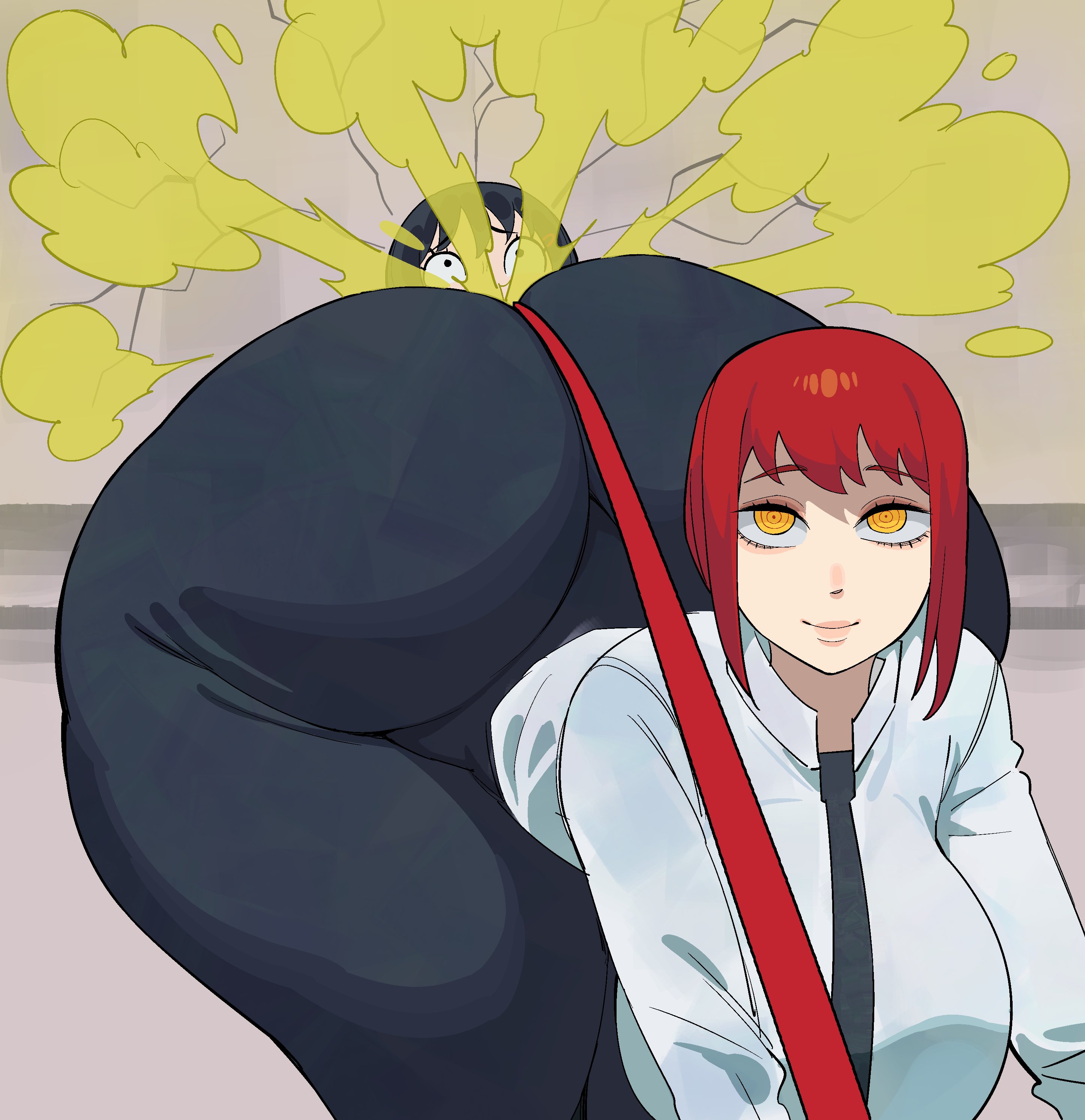 asolhoe, ass, ass bigger than head, chainsaw man, fart, fart fetish, female, gigantic ass, higashiyama kobeni, huge ass, human, hyper ass, leash, makima (chainsaw man), makima fart inflation, massive ass, meme, yuri