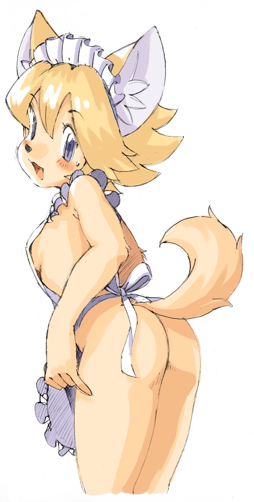 animal_ears anthro apron ass blonde_hair blue_eyes blush breasts canine female flo_financier fox fromage furry hair headdress looking_at_viewer looking_back oyatsu_(mk2) pose raised_tail short_hair sideboob simple_background small_breasts smile solatorobo solo standing sweat_drop sweatdrop tail