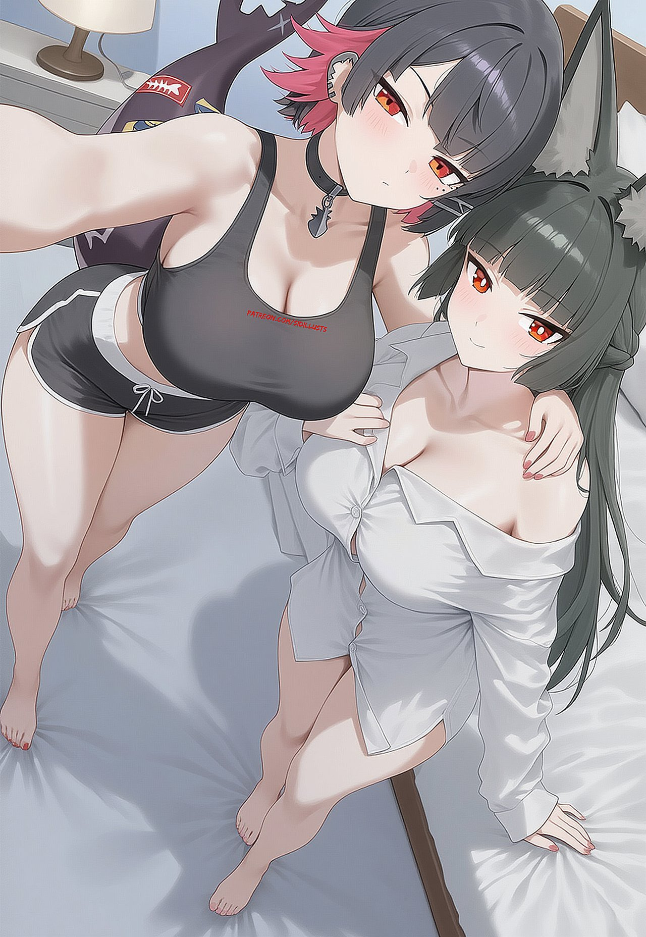 2girls, ai assisted, ai generated, animal ears, barefoot, big breasts, black hair, breasts, cleavage, clothed, clothing, ellen joe, eyebrows visible through hair, feet, female, female only, gym shorts, hoshimi miyabi, large breasts, selfie, shorts, sidillusts, very long hair, zenless zone zero