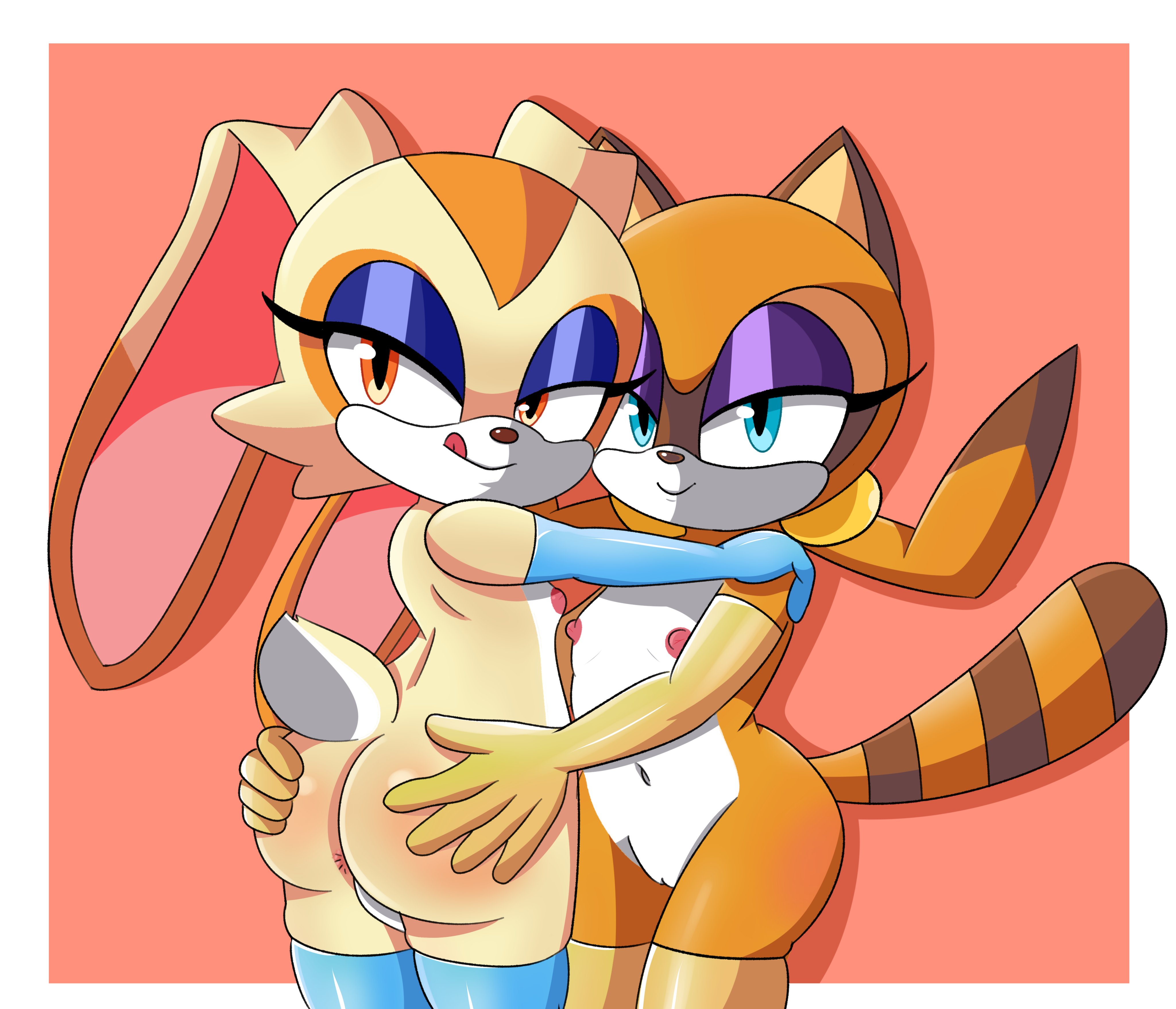2girls, akuzaguy, animal ears, anthro, anthro female, anthro only, big ass, blue eyes, brown eyes, brown nose, bunny, bunny girl, completely naked, completely naked anthro, completely naked female, completely nude, completely nude anthro, completely nude female, cotton tail, cream the rabbit, cub, eyelashes, eyeshadow, female, female cub, female only, flat chest, fur, furry, furry female, furry only, genitals, huge ass, lagomorph, large ass, lingerie, long ears, long gloves, mammal, marine the raccoon, mobian (species), naked, naked anthro, naked female, nude, nude anthro, nude female, rabbit, rabbit girl, rabbit tail, raccoon, raccoon girl, sega, small breasts, sonic (series), sonic team, sonic the hedgehog (series), stockings, tail, tan fur, thick, thick ass, thick butt, thick thighs, tongue, tongue out, video games, wide hips, young, young anthro, young female