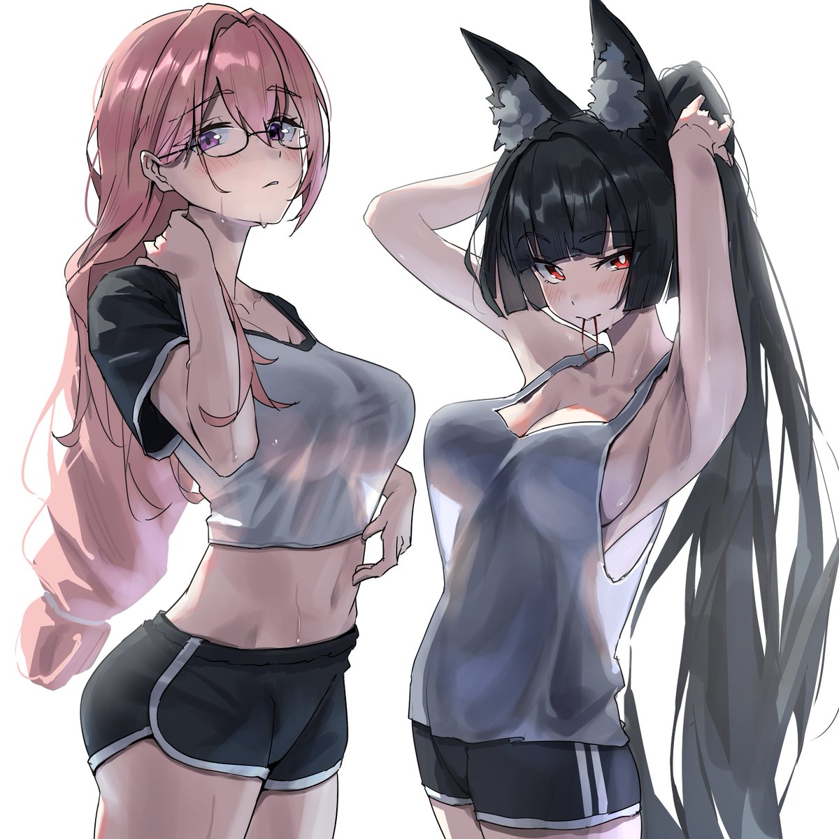 2girls, alternate costume, animal ears, armpits, black hair, breasts, closed mouth, dolphin shorts, female, female only, fox ears, glasses, hair between eyes, highres, hoshimi miyabi, large breasts, long hair, looking at viewer, midriff, multiple females, multiple girls, pink eyes, pink hair, ponytail, red eyes, see-through clothes, semi-rimless eyewear, shorts, simple background, sweat, tora (kumo sakamoto), tsukishiro yanagi, two-tone shirt, very long hair, white background, zenless zone zero