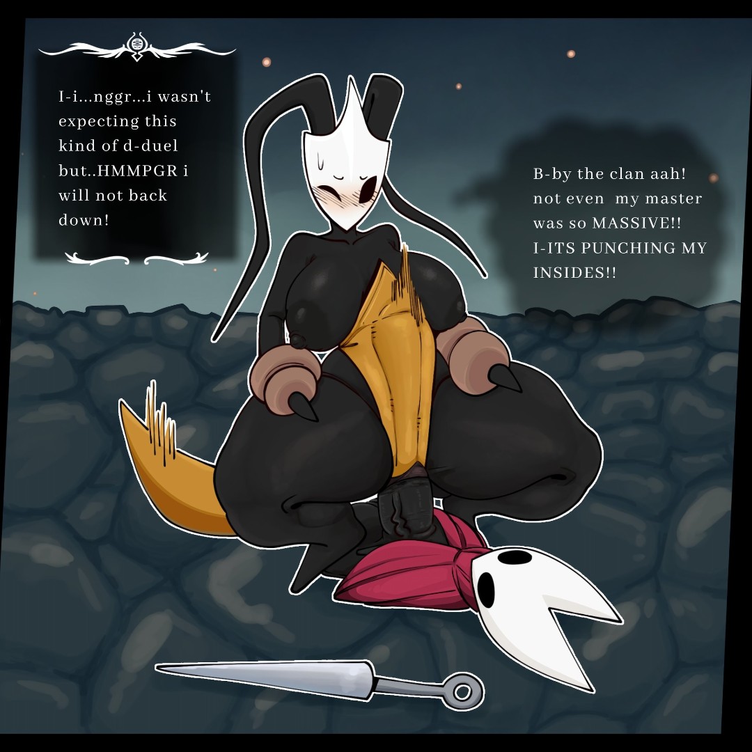 1futa, black body, breasts, bug, dark skin, dialogue, female, futa on female, futanari, gallo wazavi, hollow knight, hollow knight: silksong, hornet (hollow knight), huge breasts, huge cock, intersex, penis, repost, riding, riding penis, shakra (hollow knight), silksong, stomach bulge, tomboy